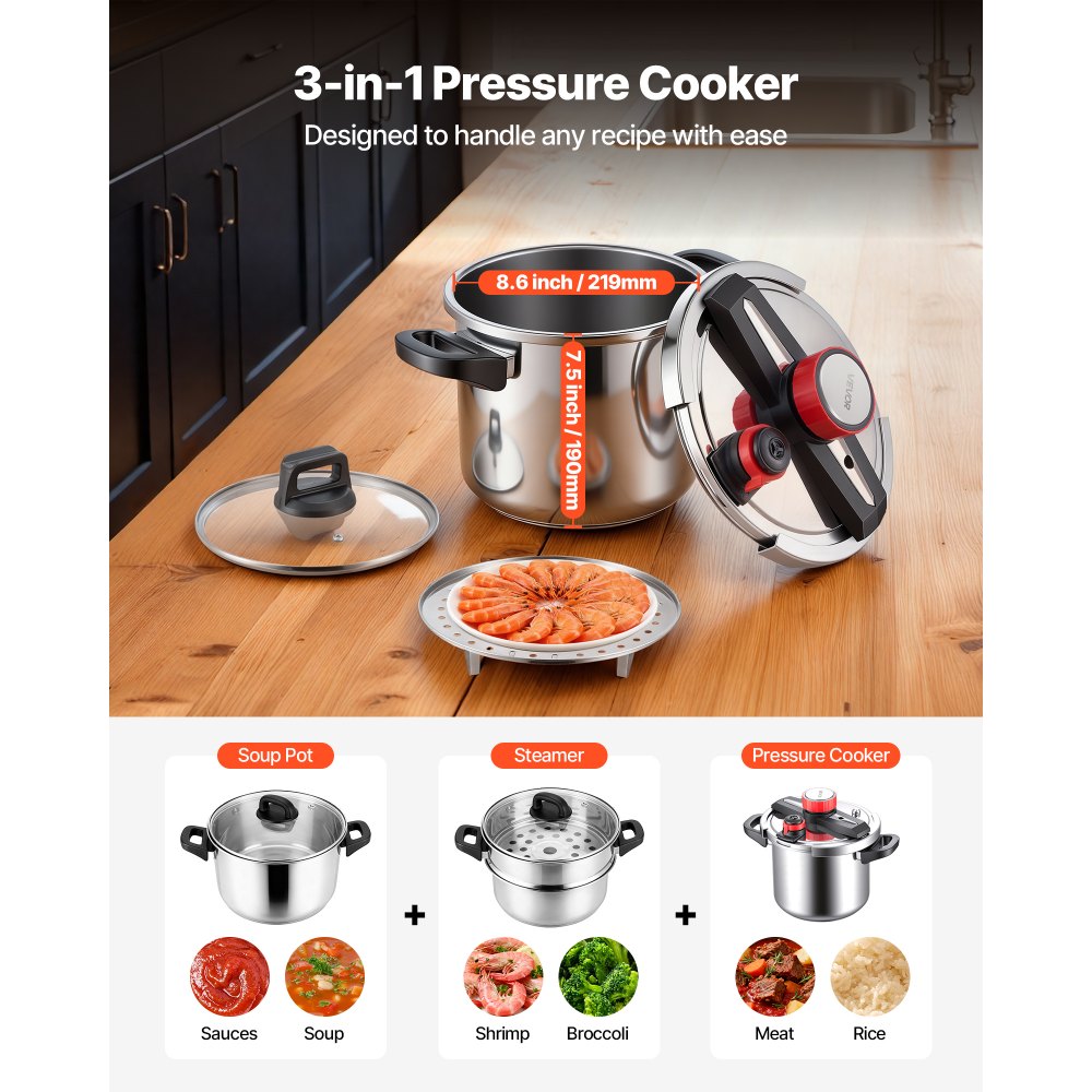 VEVOR Pressure Cooker, 8Qt Pressure Cooker Stainless Steel, Pressures Canner with Steaming Rack, Tempered Glass Lid, Three Pressures Settings for Meat, Beans, Rice, Soup, Sauces, Cook up to 100 kPa
