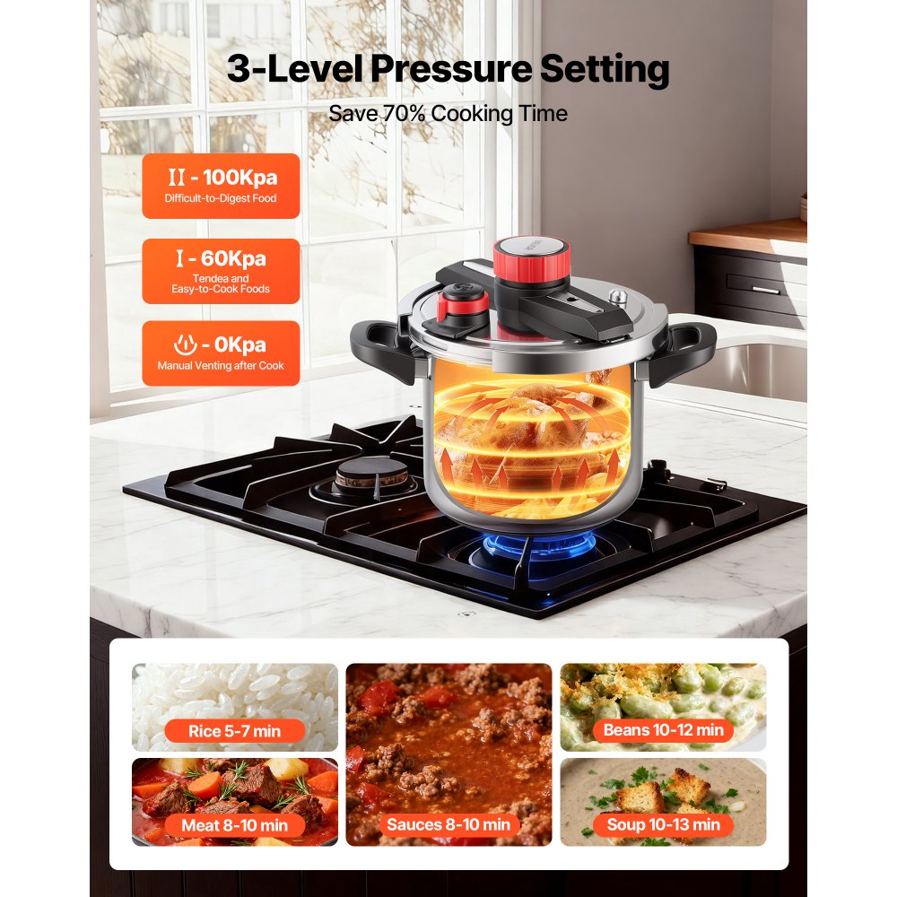 VEVOR Pressure Cooker, 8Qt Pressure Cooker Stainless Steel, Pressures Canner with Steaming Rack, Tempered Glass Lid, Three Pressures Settings for Meat, Beans, Rice, Soup, Sauces, Cook up to 100 kPa