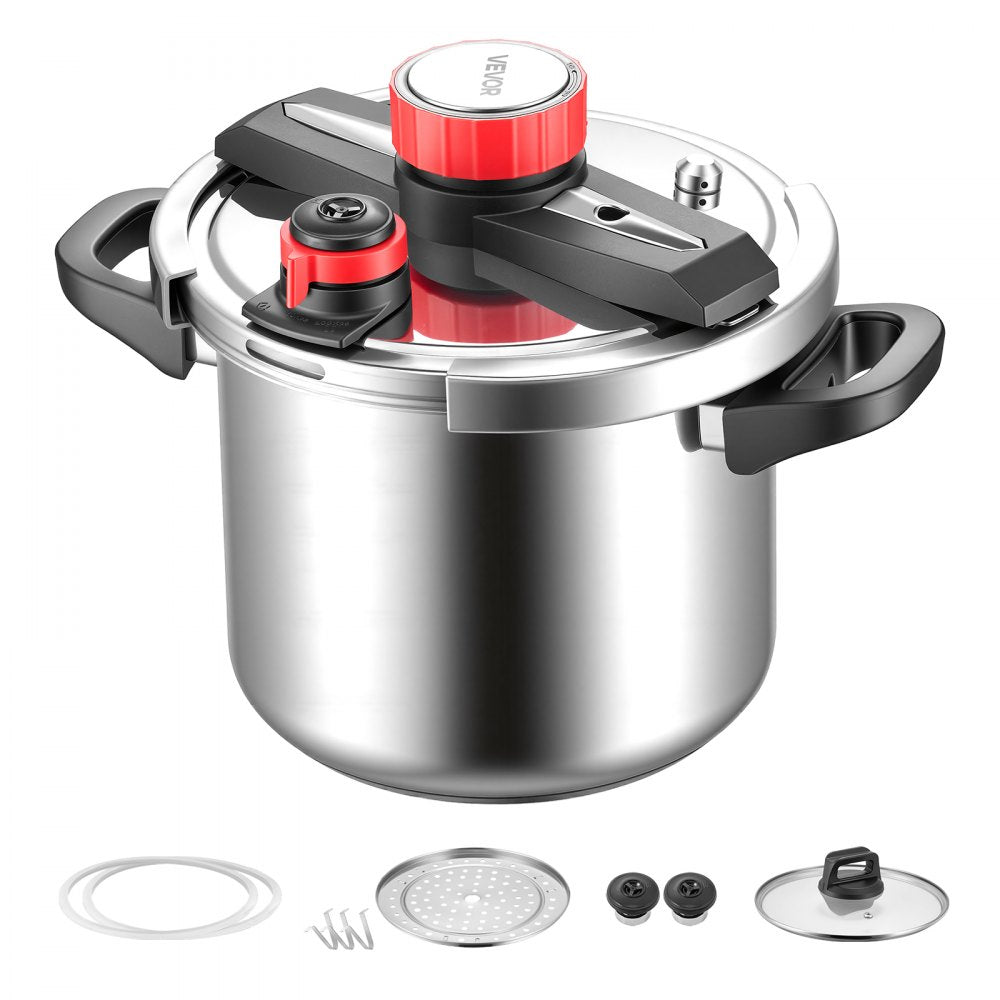 VEVOR Pressure Cooker, 8Qt Pressure Cooker Stainless Steel, Pressures Canner with Steaming Rack, Tempered Glass Lid, Three Pressures Settings for Meat, Beans, Rice, Soup, Sauces, Cook up to 100 kPa