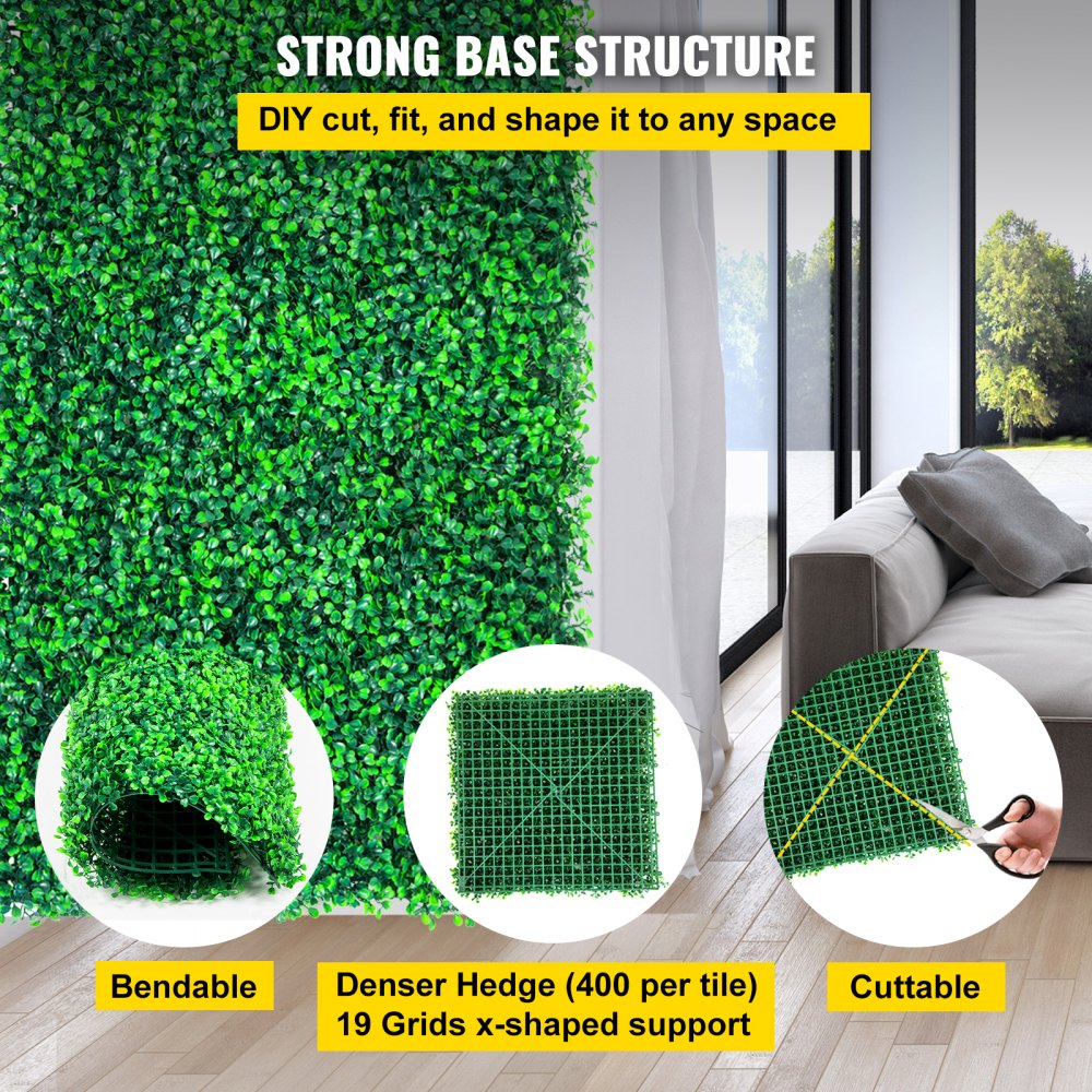 VEVOR Artificial Boxwood Panels, 16 PCS 20\"x20\" Boxwood Hedge Wall Panels, PE Artificial Grass Backdrop Wall 1.6\", Privacy Hedge Screen for Decoration of Outdoor, Indoor, Garden, Fence, and Backyar