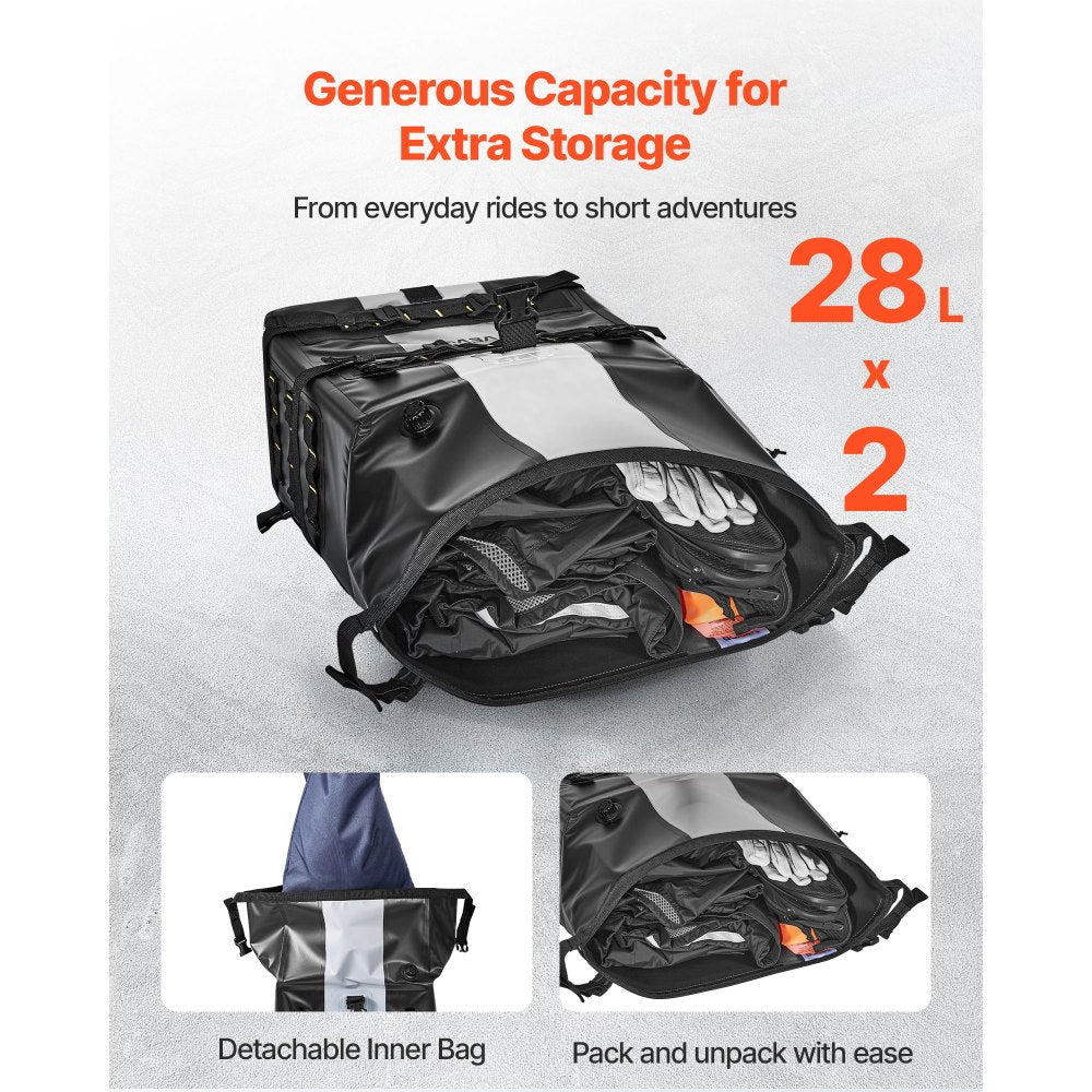VEVOR Motorcycle Saddlebag, 56 L (28 L x 2) Large Capacity Side Saddle Bag Compatible with Most Motorcycles, Waterproof Fabric Outdoor Sports Motorbike Luggage Storage with Detachable Inner Bag, Black