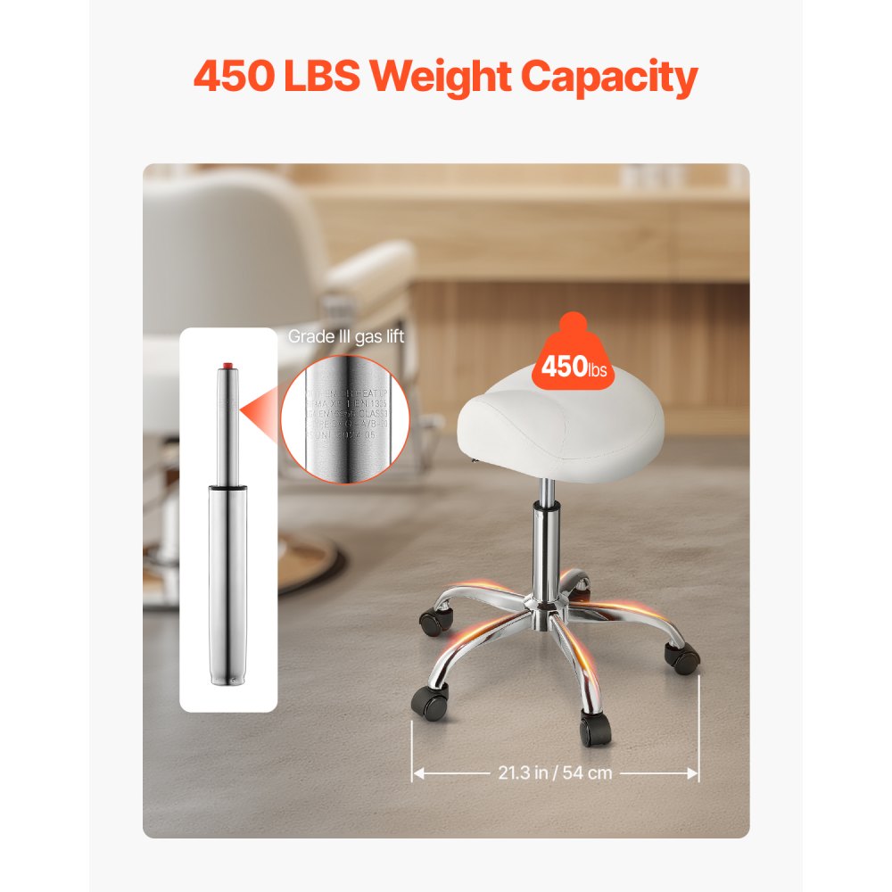 VEVOR Saddle Stool with Wheels, 450 LBS Weight Capacity Ergonomic Rolling Stool, Height Adjustable Thickened PU Leather Swivel Saddle Chair for Salon, Spa, Massage, Tattoo, Clinic, White