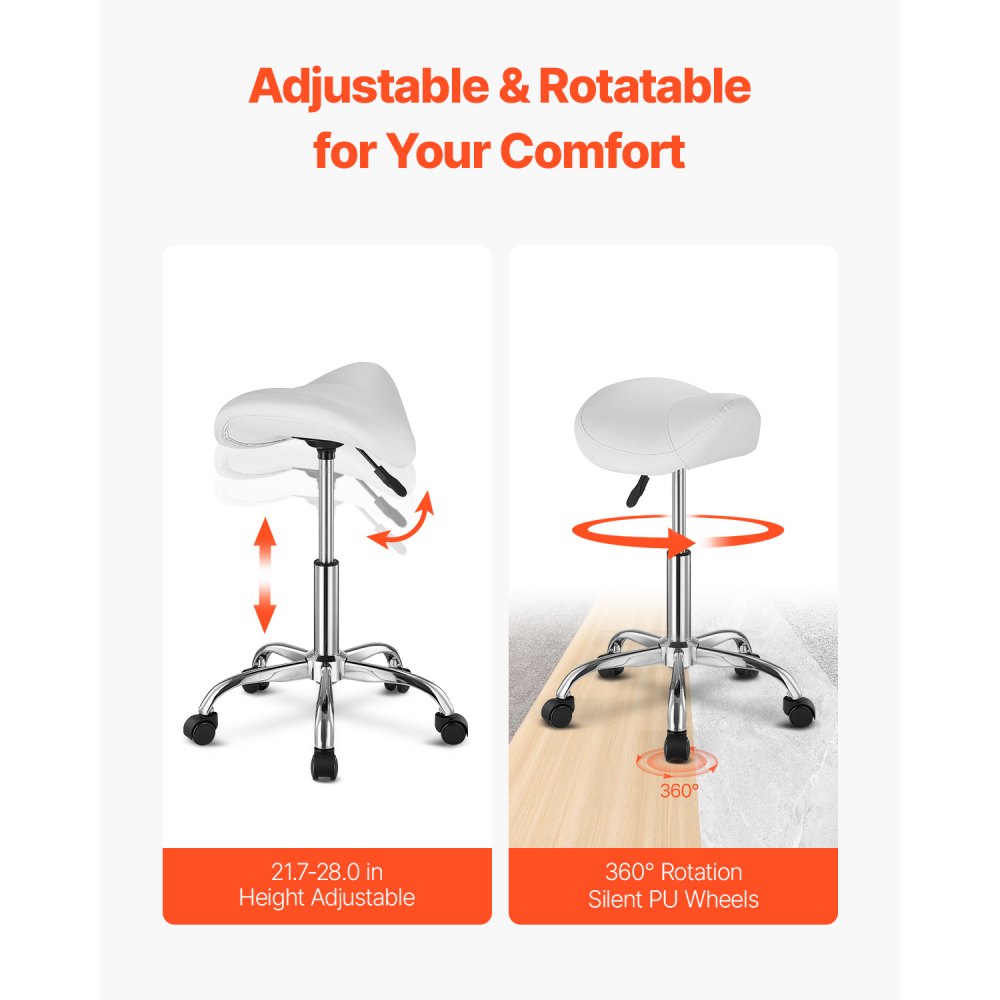 VEVOR Saddle Stool with Wheels, 450 LBS Weight Capacity Ergonomic Rolling Stool, Height Adjustable Thickened PU Leather Swivel Saddle Chair for Salon, Spa, Massage, Tattoo, Clinic, White