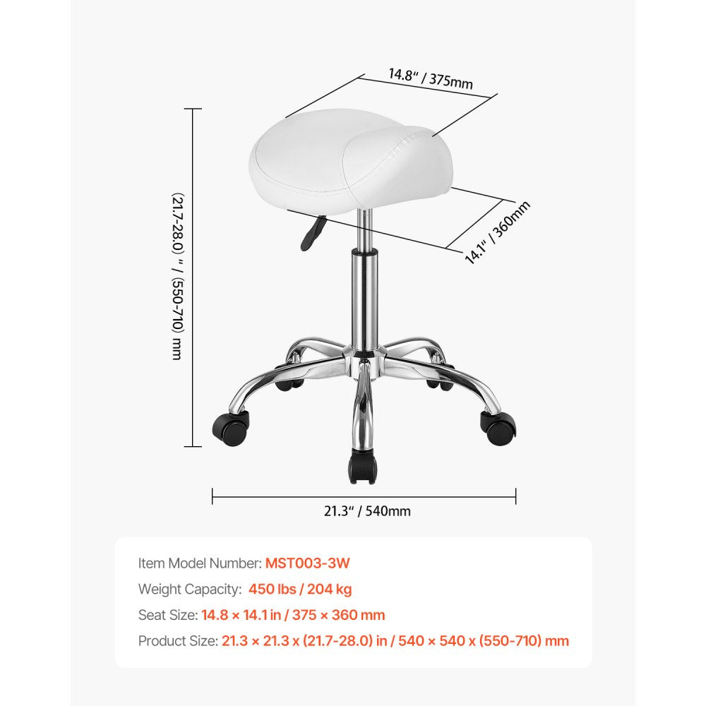 VEVOR Saddle Stool with Wheels, 450 LBS Weight Capacity Ergonomic Rolling Stool, Height Adjustable Thickened PU Leather Swivel Saddle Chair for Salon, Spa, Massage, Tattoo, Clinic, White
