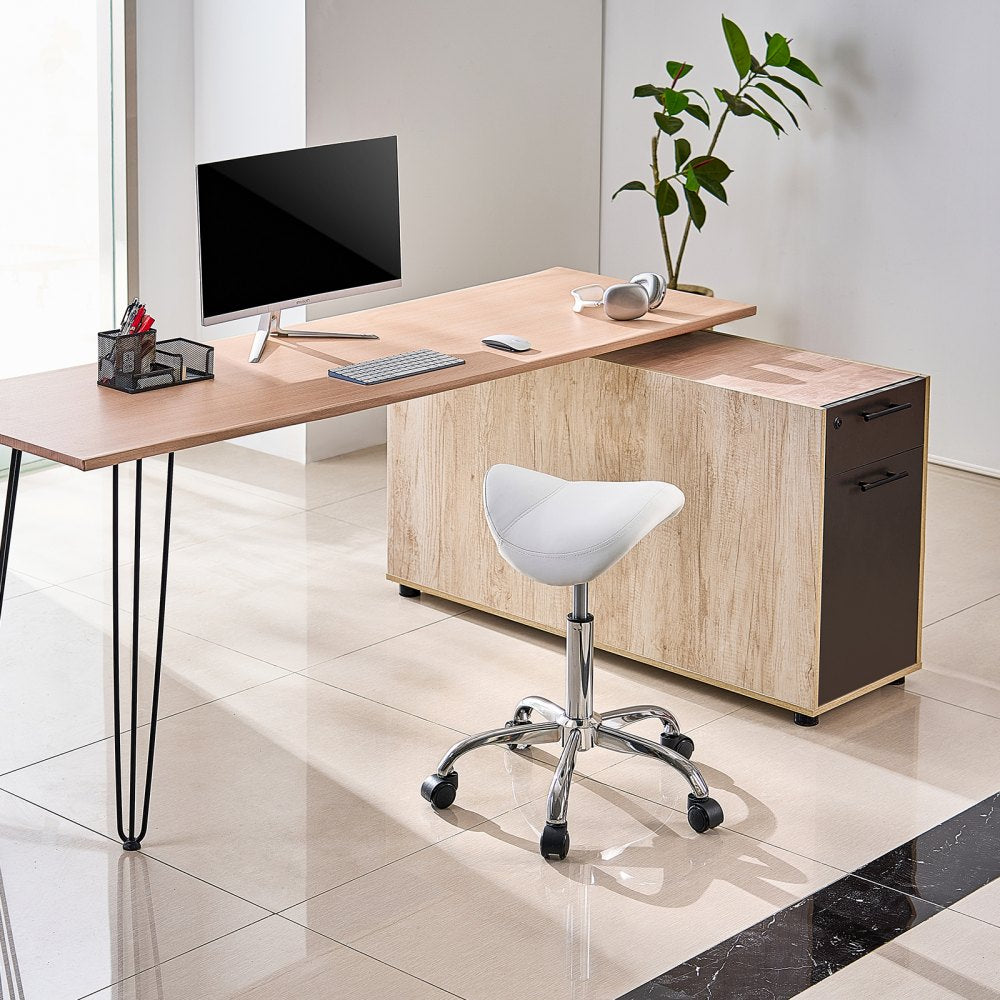 VEVOR Saddle Stool with Wheels, 450 LBS Weight Capacity Ergonomic Rolling Stool, Height Adjustable Thickened PU Leather Swivel Saddle Chair for Salon, Spa, Massage, Tattoo, Clinic, White