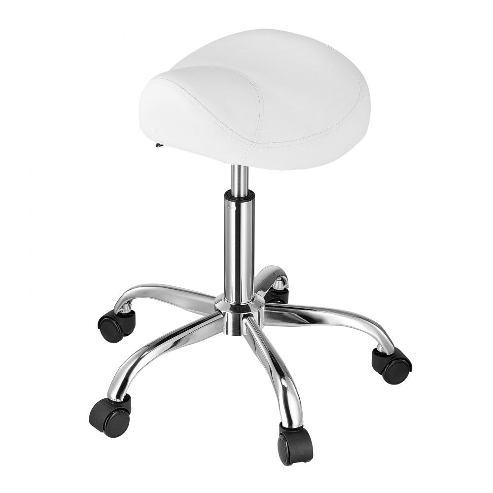 VEVOR Saddle Stool with Wheels, 450 LBS Weight Capacity Ergonomic Rolling Stool, Height Adjustable Thickened PU Leather Swivel Saddle Chair for Salon, Spa, Massage, Tattoo, Clinic, White