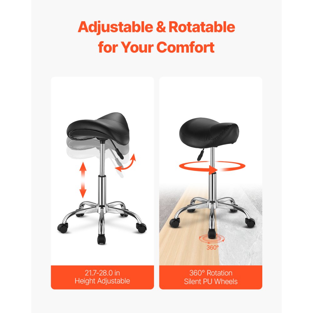 VEVOR Saddle Stool with Wheels, 450 LBS Weight Capacity Ergonomic Rolling Stool, Height Adjustable Thickened PU Leather Swivel Saddle Chair for Salon, Spa, Massage, Tattoo, Clinic, Black