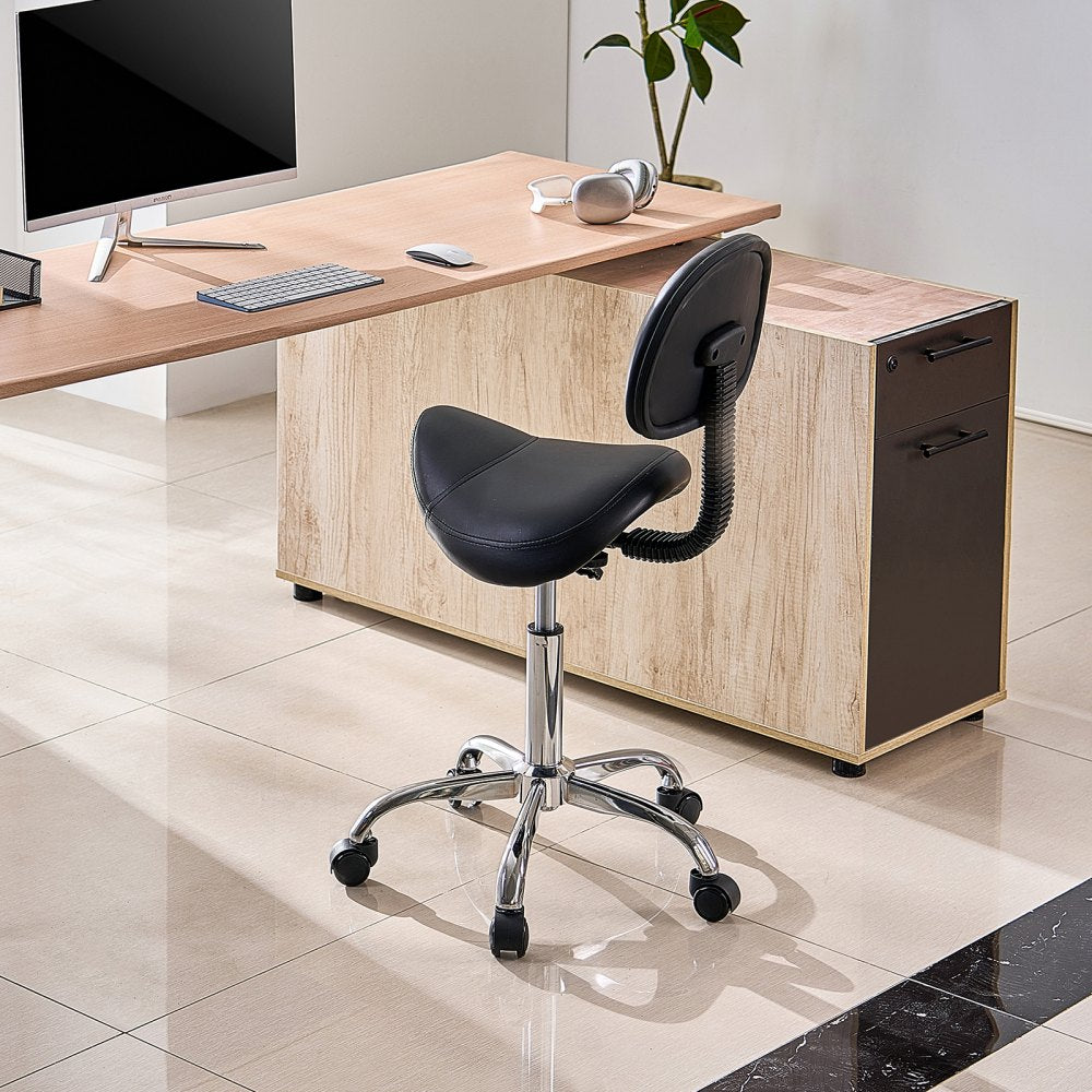 VEVOR Saddle Stool with Back Support and Wheels, 450 LBS Weight Capacity Ergonomic Rolling Stool, Height Adjustable Thickened PU Leather Swivel Saddle Chair for Salon, Spa, Massage, Tattoo, Black