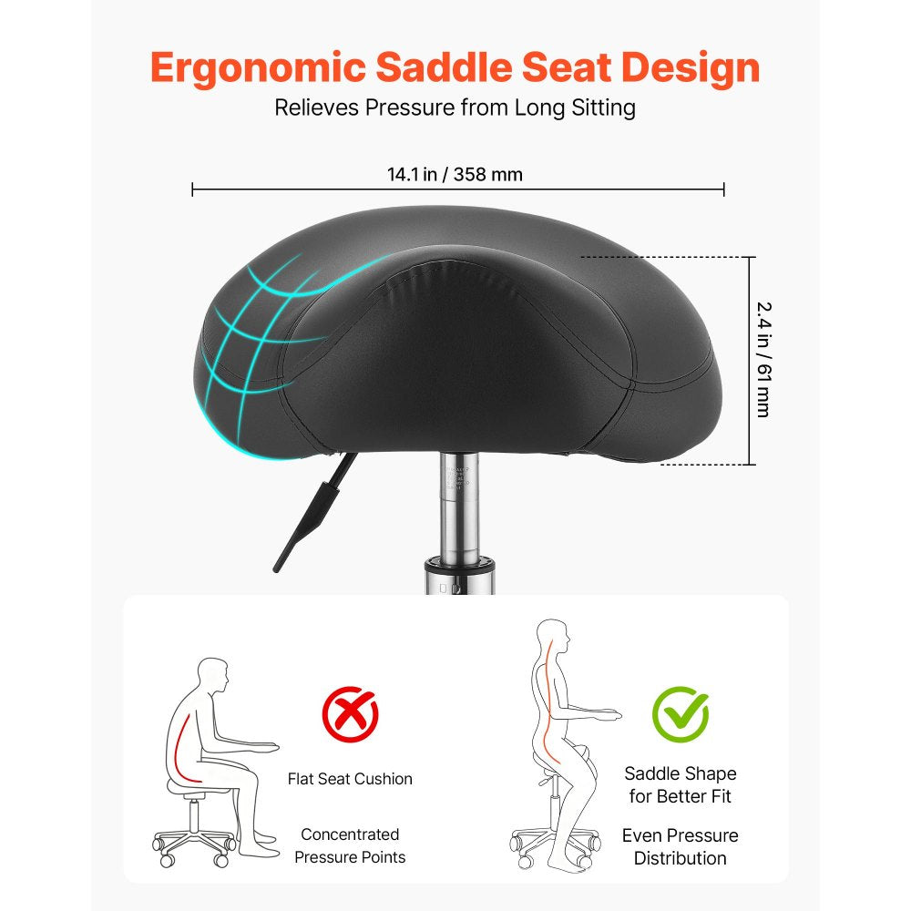 VEVOR Saddle Stool with Wheels, 500 lbs Weight Capacity, Height Adjustable, Quiet Casters, Ergonomic PU Leather Seat, 360° Swivel Saddle Stool Rolling Chair for Salon, Spa, Bar, Home, Medical, Black