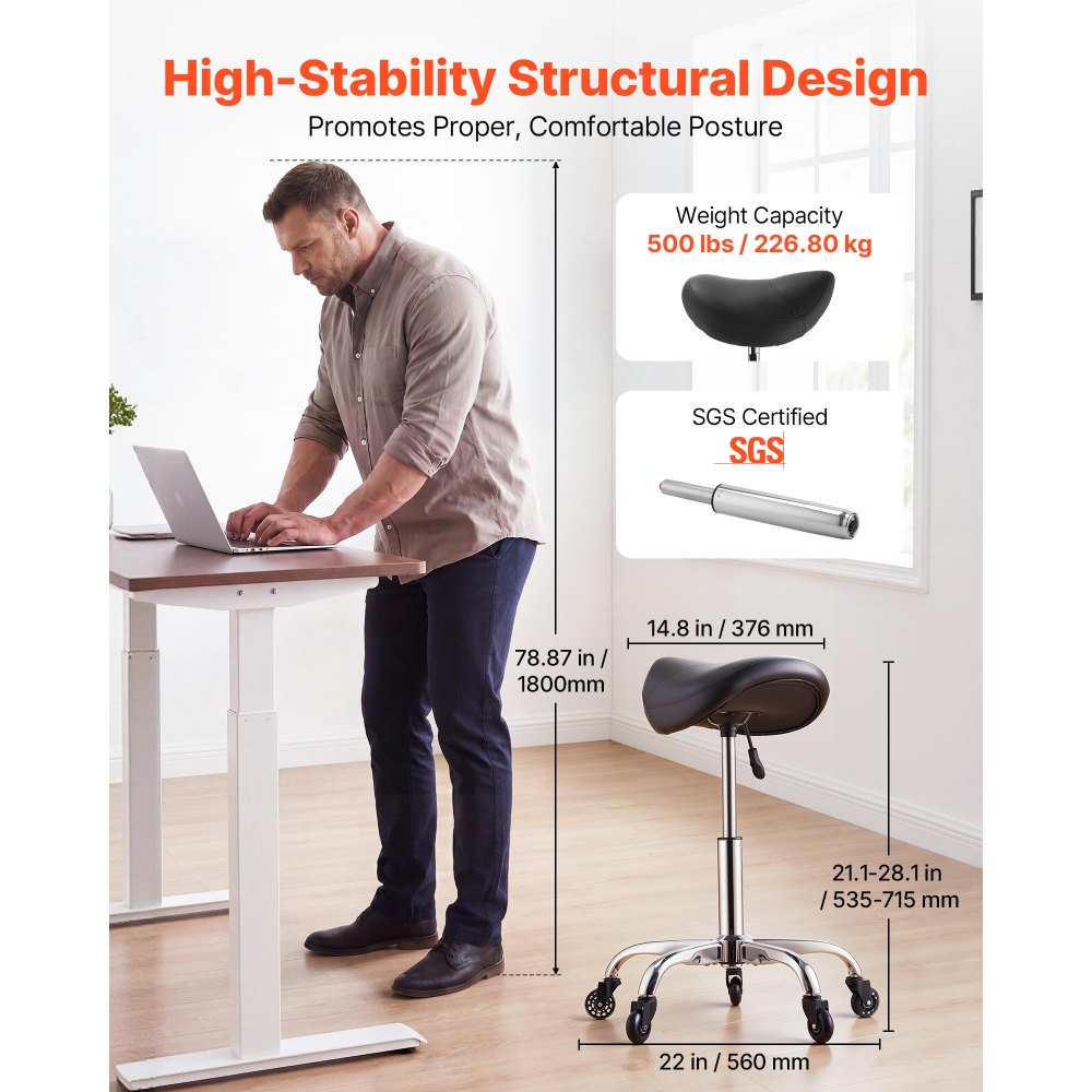 VEVOR Saddle Stool with Wheels, 500 lbs Weight Capacity, Height Adjustable, Quiet Casters, Ergonomic PU Leather Seat, 360° Swivel Saddle Stool Rolling Chair for Salon, Spa, Bar, Home, Medical, Black