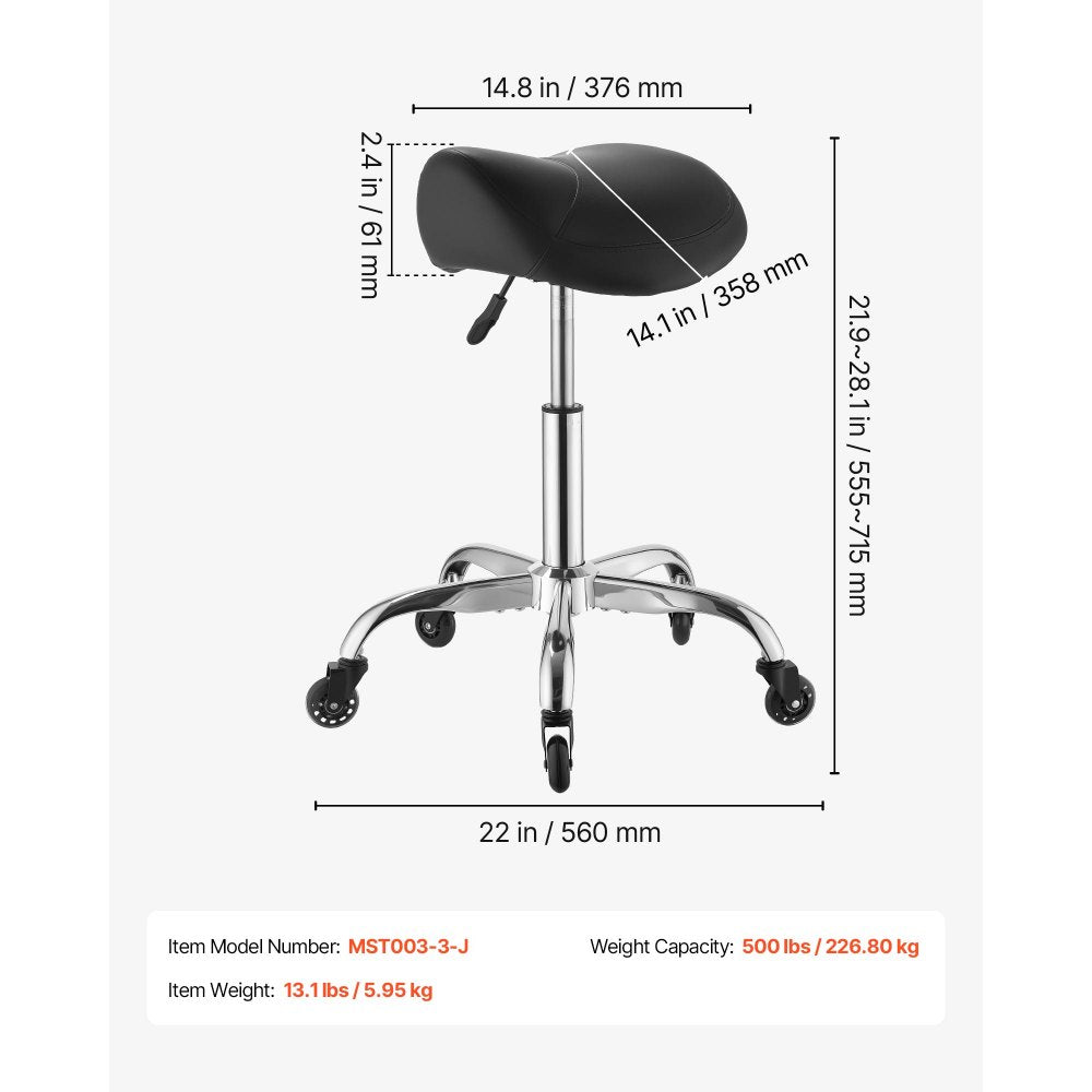 VEVOR Saddle Stool with Wheels, 500 lbs Weight Capacity, Height Adjustable, Quiet Casters, Ergonomic PU Leather Seat, 360° Swivel Saddle Stool Rolling Chair for Salon, Spa, Bar, Home, Medical, Black