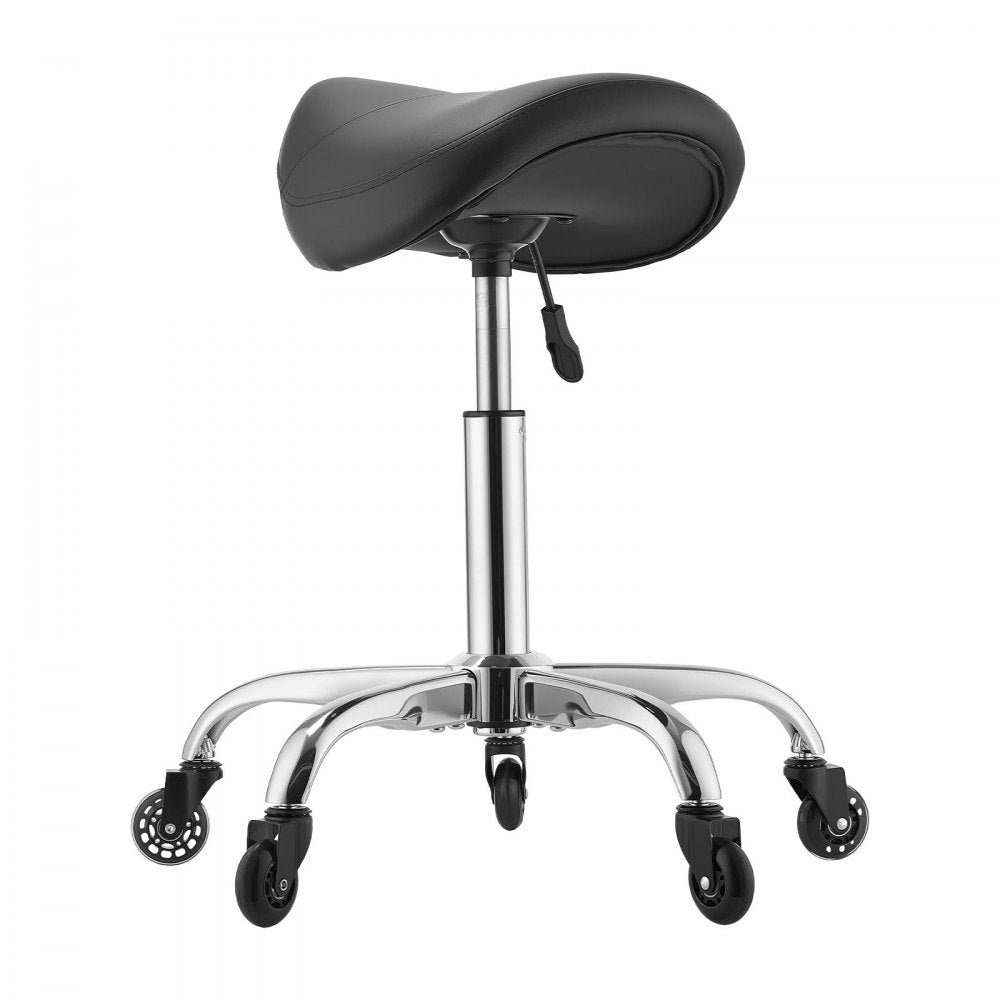 VEVOR Saddle Stool with Wheels, 500 lbs Weight Capacity, Height Adjustable, Quiet Casters, Ergonomic PU Leather Seat, 360° Swivel Saddle Stool Rolling Chair for Salon, Spa, Bar, Home, Medical, Black