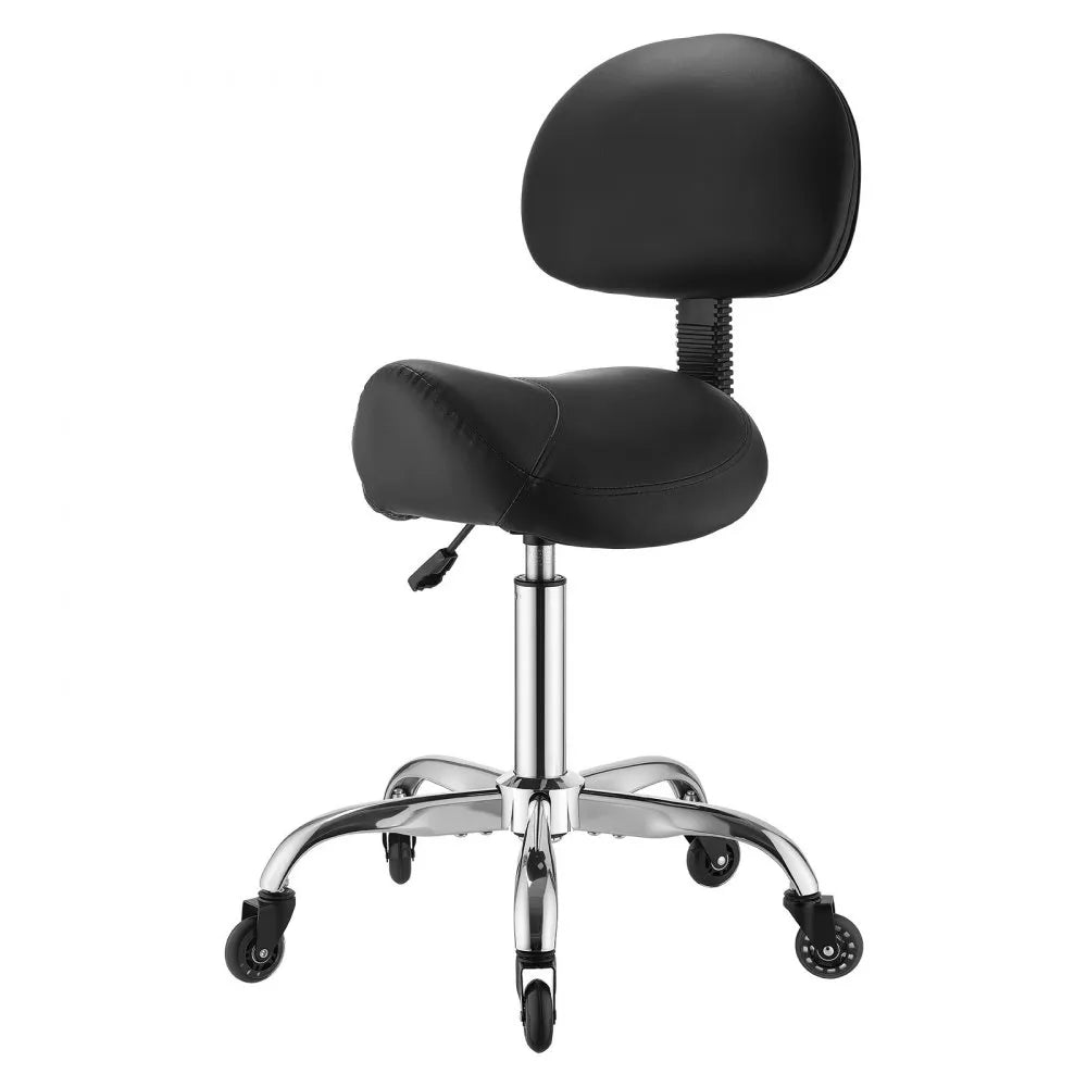 VEVOR Saddle Stool with Back Support, 500 lbs Weight Capacity, Height Adjustable, Quiet Casters, Ergonomic PU Leather Seat, 360° Swivel Saddle Stool Rolling Chair for Salon, Spa, Bar, Medical, Black