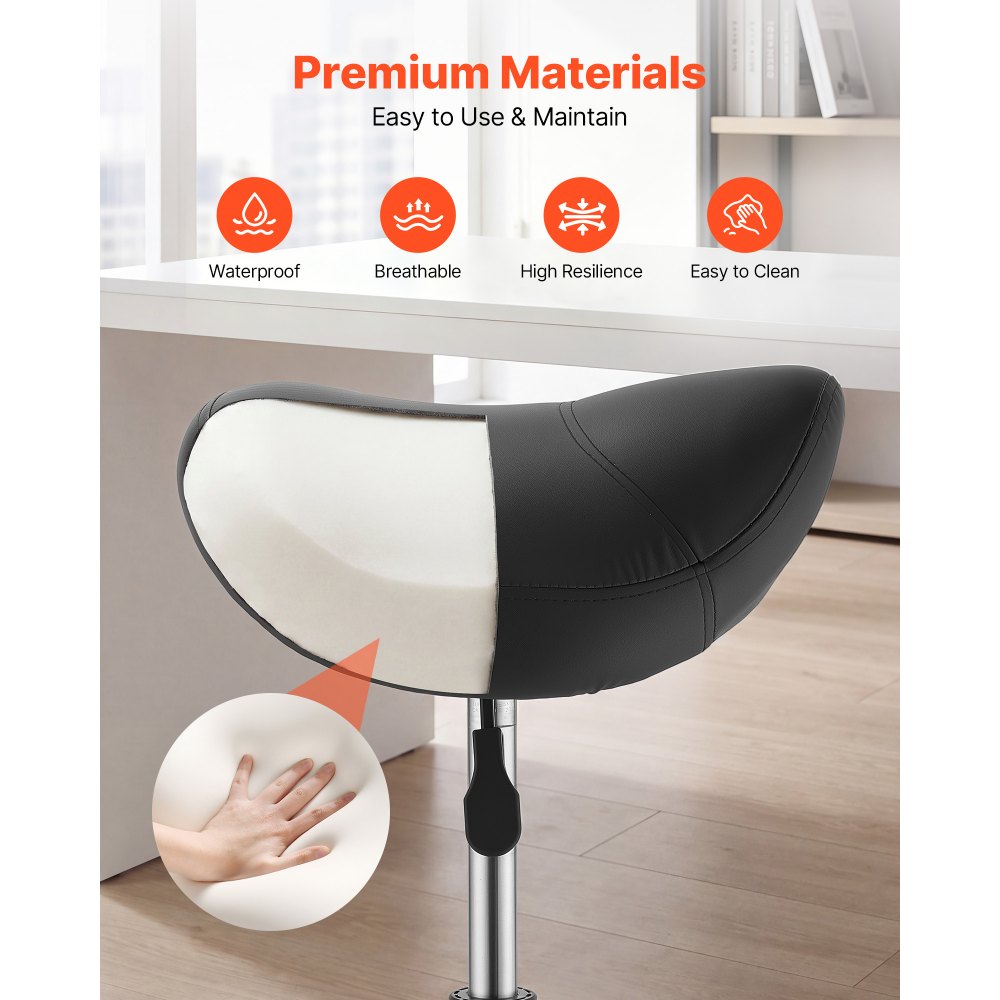 VEVOR Saddle Stool with Wheels, 500 lbs Weight Capacity, Height Adjustable, Ergonomic PU Leather Seat, 360° Swivel Saddle Stool Rolling Chair for Salon, Spa, Bar, Home, Medical, and Massage, Black