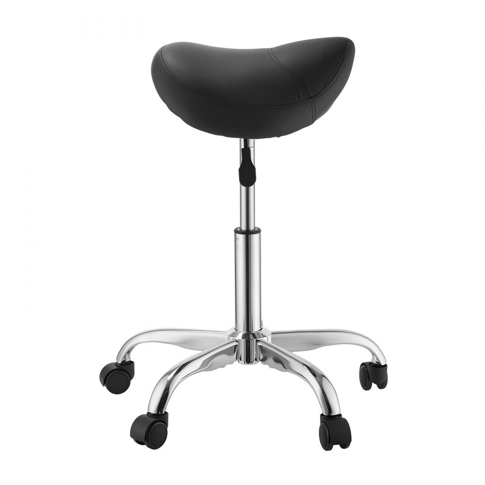 VEVOR Saddle Stool with Wheels, 500 lbs Weight Capacity, Height Adjustable, Ergonomic PU Leather Seat, 360° Swivel Saddle Stool Rolling Chair for Salon, Spa, Bar, Home, Medical, and Massage, Black