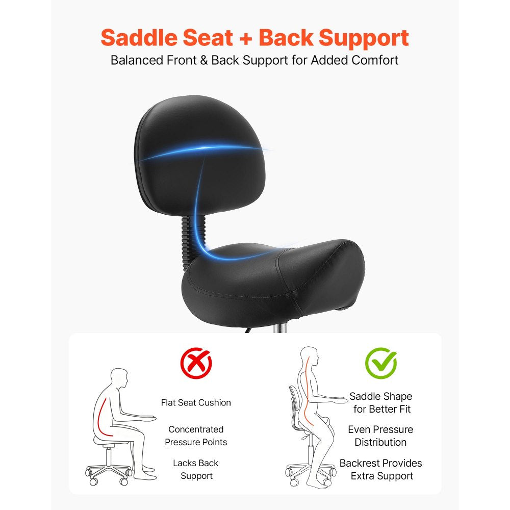 VEVOR Saddle Stool with Back Support, 500 lbs Weight Capacity, Height Adjustable, Ergonomic PU Leather Seat, 360° Swivel Saddle Stool Rolling Chair with Wheels for Salon, Spa, Bar, Medical, Black