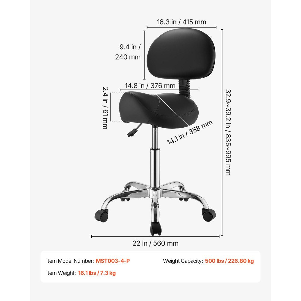 VEVOR Saddle Stool with Back Support, 500 lbs Weight Capacity, Height Adjustable, Ergonomic PU Leather Seat, 360° Swivel Saddle Stool Rolling Chair with Wheels for Salon, Spa, Bar, Medical, Black