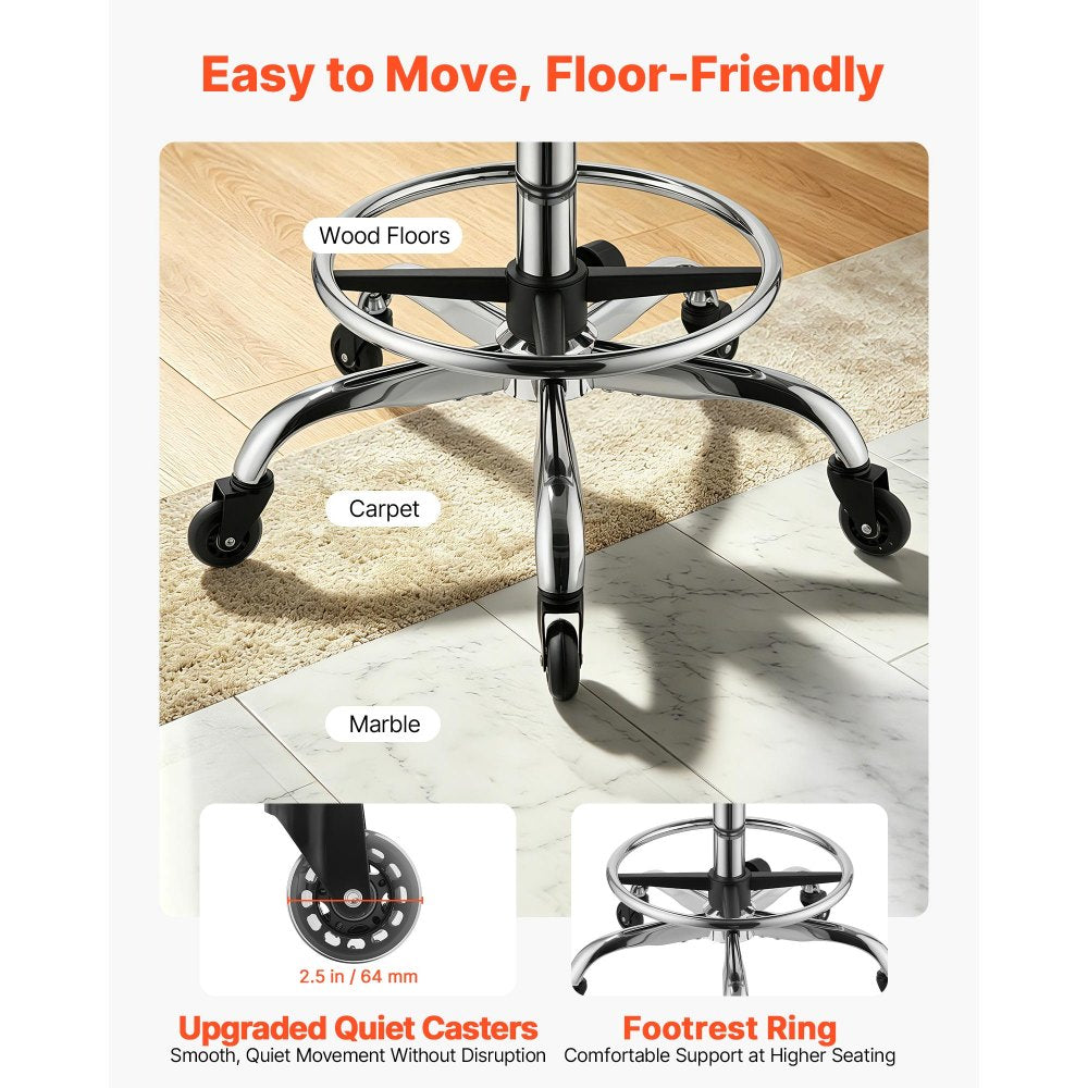 VEVOR Saddle Stool with Back Support Footrest, 500 lbs Weight Capacity, Height Adjustable, Quiet Casters, PU Leather Seat, 360° Swivel Saddle Stool Rolling Chair for Salon, Spa, Bar, Medical, Black