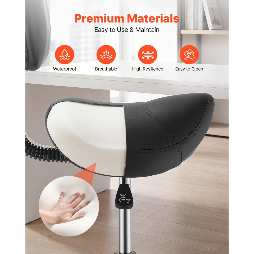 VEVOR Saddle Stool with Back Support Footrest, 500 lbs Weight Capacity, Height Adjustable, Quiet Casters, PU Leather Seat, 360° Swivel Saddle Stool Rolling Chair for Salon, Spa, Bar, Medical, Black