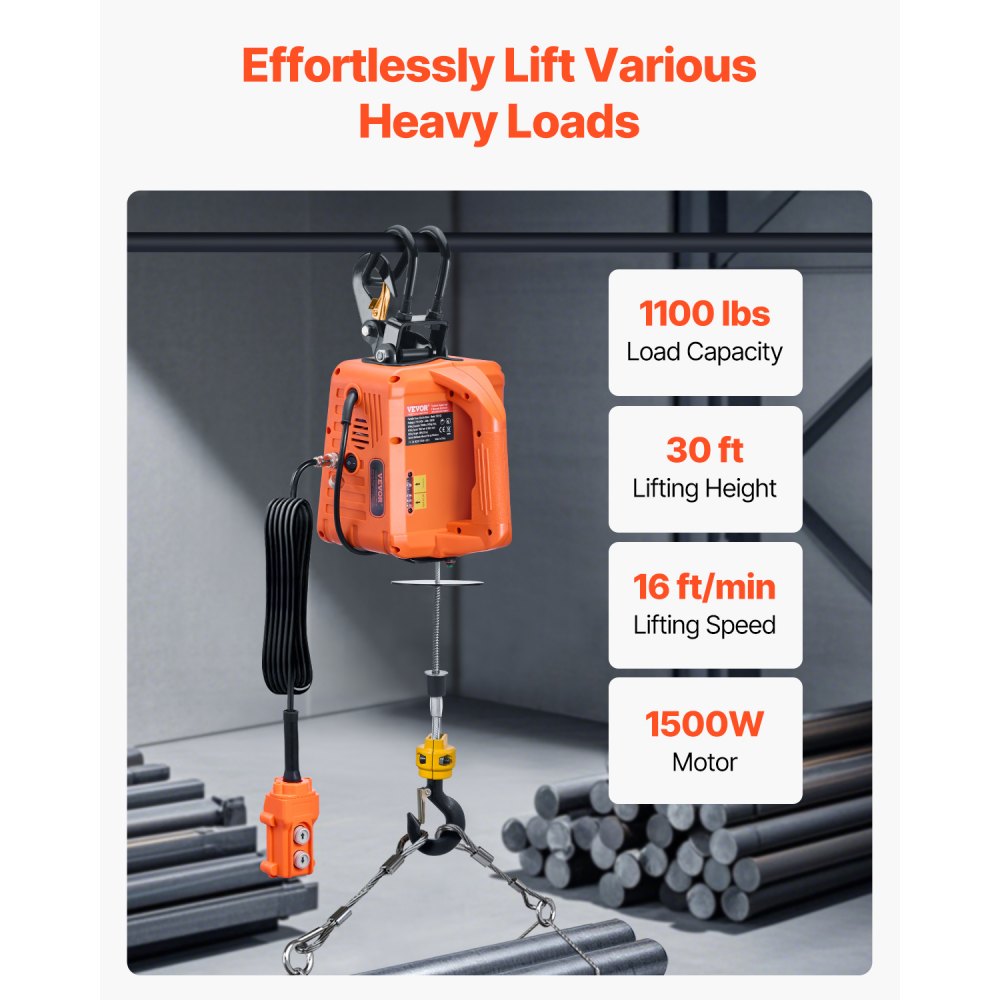 VEVOR 3-in-1 Electric Hoist Winch, 1100 lbs Capacity, 1500W Portable Power Winch, 30 ft Lifting Height, 16 ft/min with Wire and Wireless Remote Control, for Garage, Warehouse, Factory Lifting Towing