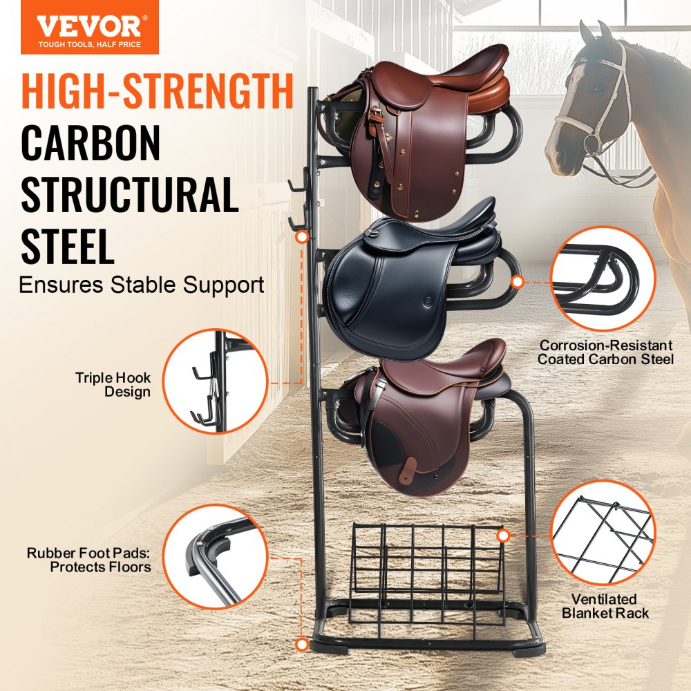 VEVOR Freestanding Saddle Stand, 30 x 30 x 68.5 in, 3 Tiers Saddle Rack, Heavy Duty Saddle Blanket Holder with Removable & Rotating Tiers, English & Western Saddle Rack for Tack Room Organization