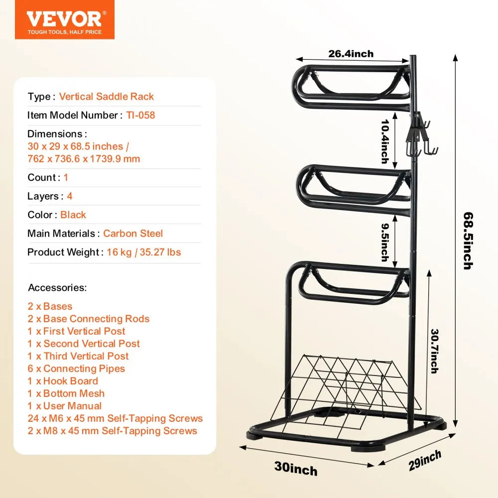 VEVOR Freestanding Saddle Stand, 30 x 30 x 68.5 in, 3 Tiers Saddle Rack, Heavy Duty Saddle Blanket Holder with Removable & Rotating Tiers, English & Western Saddle Rack for Tack Room Organization