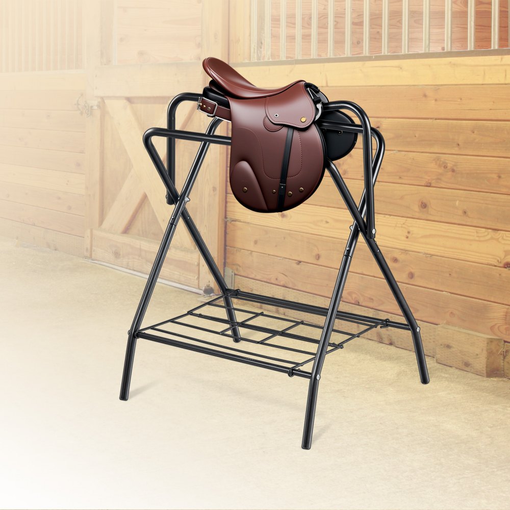 VEVOR Folding Saddle Rack, 28 x 19 x 37.5 in, Freestanding Horse Saddle Stand, Portable Horse Blanket Holder, Heavy Duty Steel Saddle Rack for English & Western Saddles, Tack Storage, Black