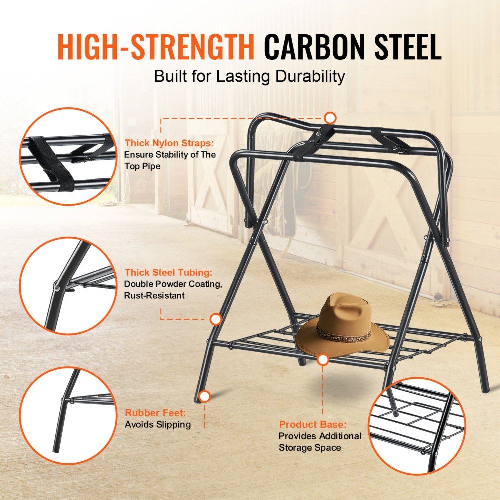 VEVOR Folding Saddle Rack, 28 x 19 x 37.5 in, 2 Packs Freestanding Horse Saddle Stand, Portable Horse Blanket Holder, Heavy Duty Steel Saddle Rack for English & Western Saddles, Tack Storage, Black