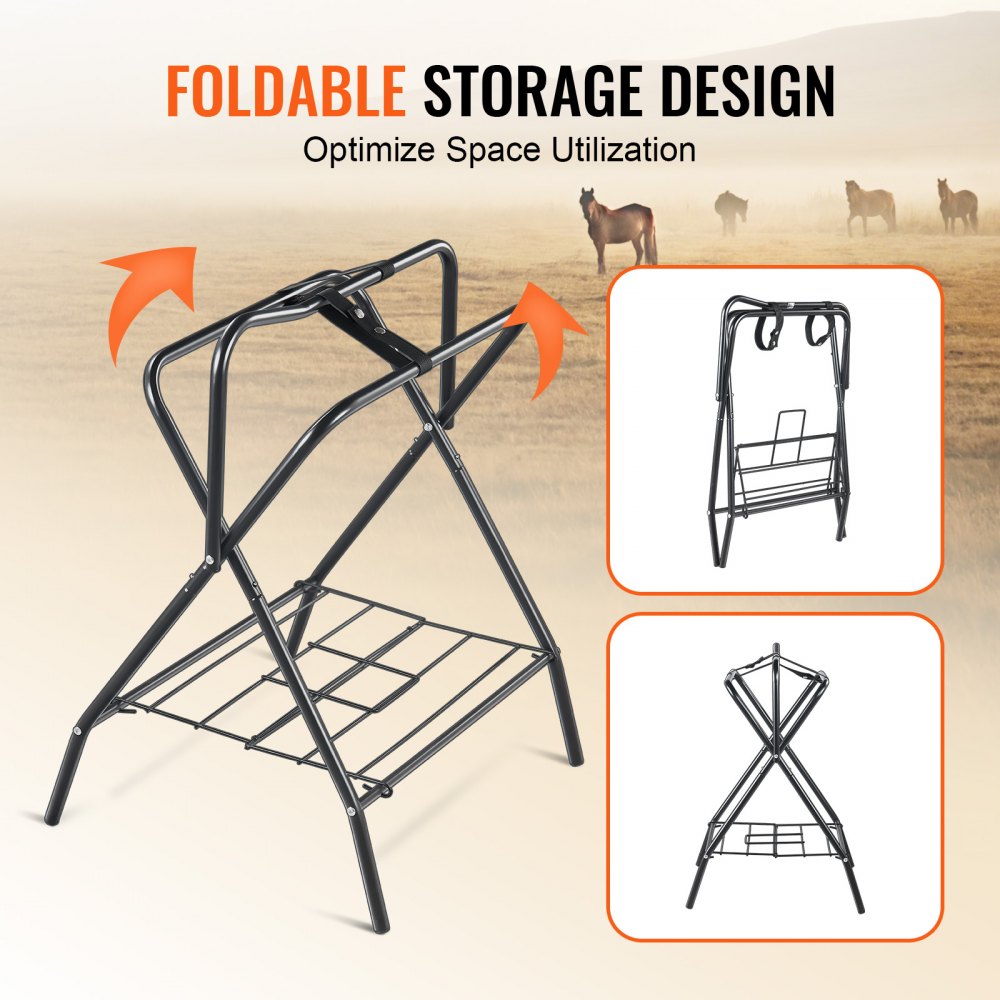 VEVOR Folding Saddle Rack, 28 x 19 x 37.5 in, 2 Packs Freestanding Horse Saddle Stand, Portable Horse Blanket Holder, Heavy Duty Steel Saddle Rack for English & Western Saddles, Tack Storage, Black