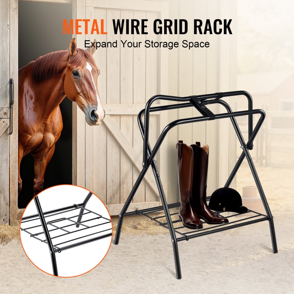 VEVOR Folding Saddle Rack, 28 x 19 x 37.5 in, 2 Packs Freestanding Horse Saddle Stand, Portable Horse Blanket Holder, Heavy Duty Steel Saddle Rack for English & Western Saddles, Tack Storage, Black