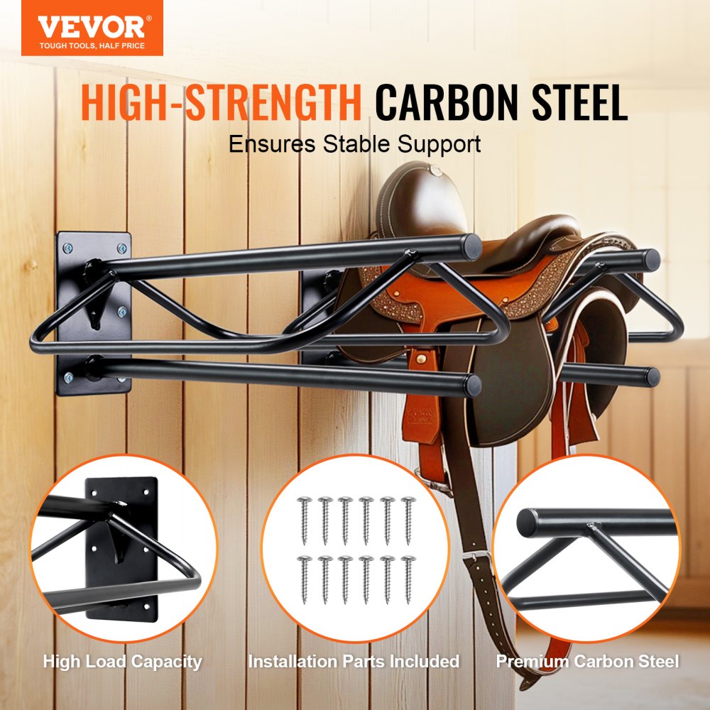 VEVOR Saddle Rack with Pad Bar, 23.8 x 12.6 x 10.2 in, 2 Packs Wall Mounted Saddle Stand, Heavy-Duty Steel Saddle Holder, Western & English Saddle Rack for Horse Stall, Barn, Trailer, Tack Room
