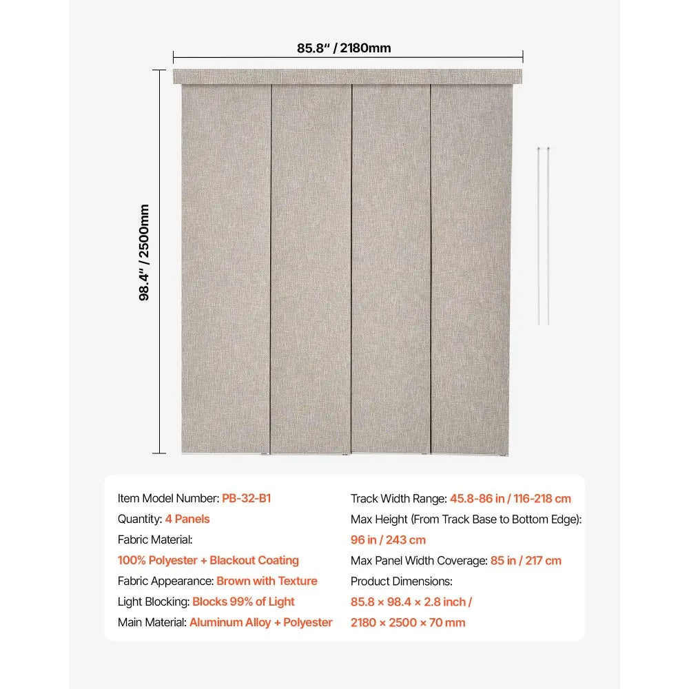 VEVOR Panel Track Blinds, Extendable Track from 45.8 in to 86 in W, Trimmable Panel Curtains Up to 96 in H, Vertical Blackout Panel Blinds for Sliding Doors, Patio Doors, Room Divider, Windows, Brown