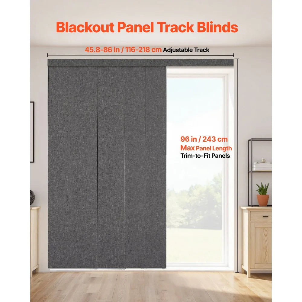 VEVOR Panel Track Blinds, Extendable Track from 45.8 in to 86 in W, Trimmable Panel Curtains Up to 96 in H, Vertical Blackout Panel Blinds for Sliding Doors, Patio Doors, Room Divider, Dark Gray