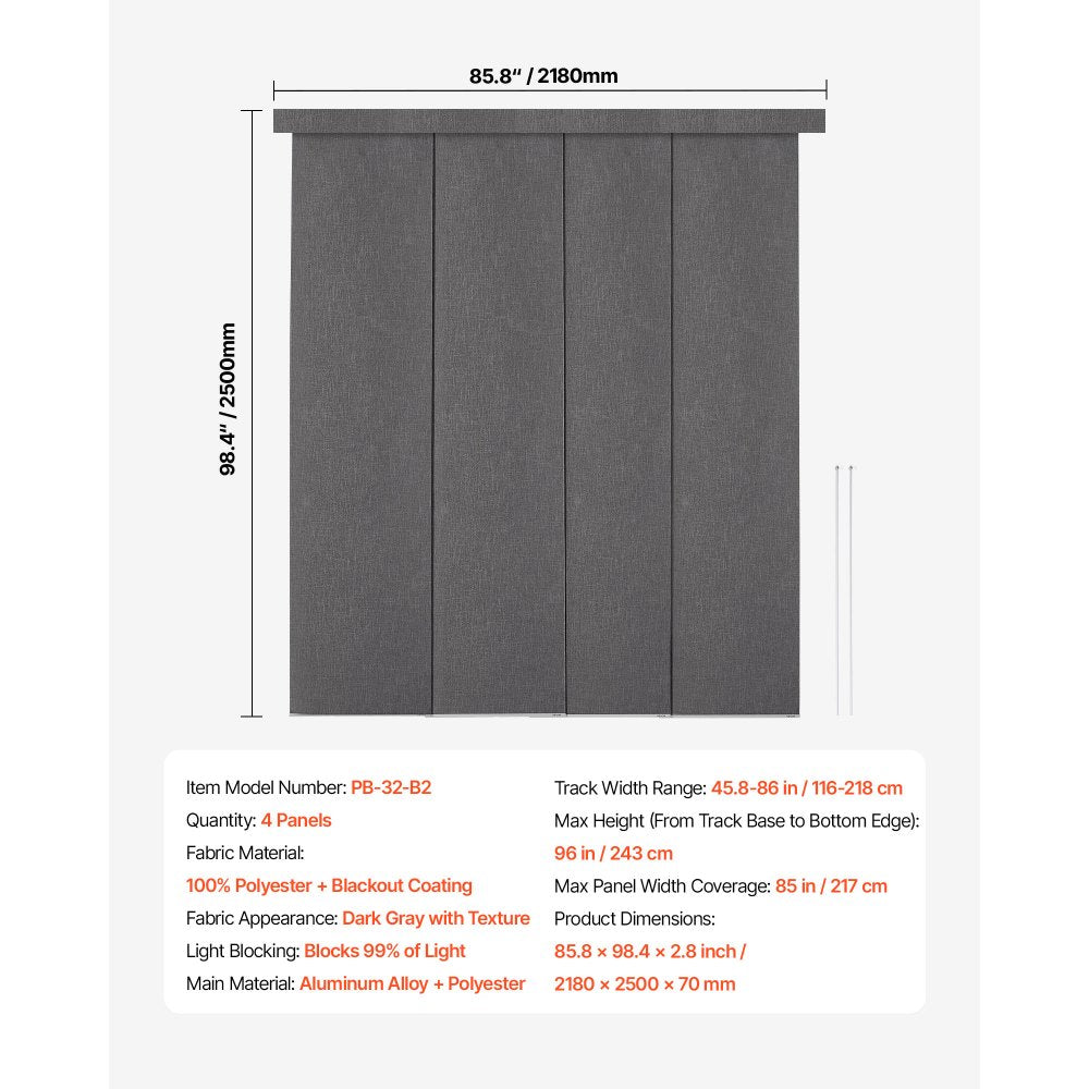 VEVOR Panel Track Blinds, Extendable Track from 45.8 in to 86 in W, Trimmable Panel Curtains Up to 96 in H, Vertical Blackout Panel Blinds for Sliding Doors, Patio Doors, Room Divider, Dark Gray