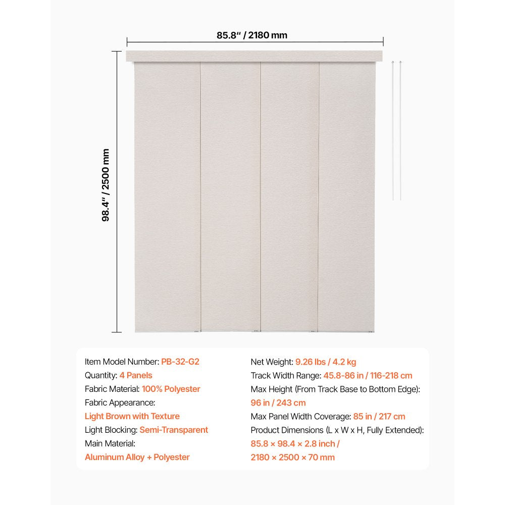VEVOR Panel Track Blinds, Extendable Track from 45.8 in to 86 in W, Trimmable Panel Curtains Up to 96 in H, Adjustable Vertical Panel Blinds for Sliding Doors, Patio Doors, Room Divider, Light Brown
