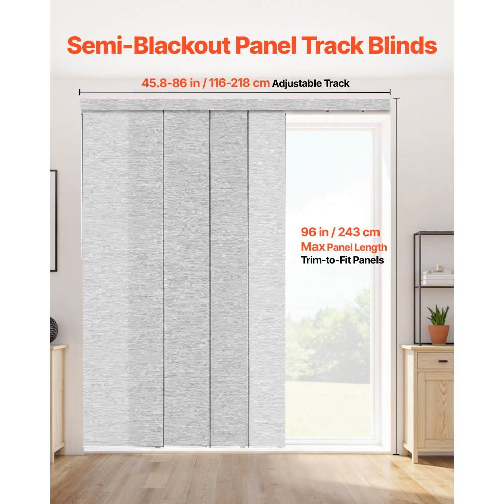 VEVOR Panel Track Blinds, Extendable Track from 45.8 in to 86 in W, Trimmable Panel Curtains Up to 96 in H, Adjustable Vertical Panel Blinds for Sliding Doors, Patio Doors, Room Divider, Window, Gray