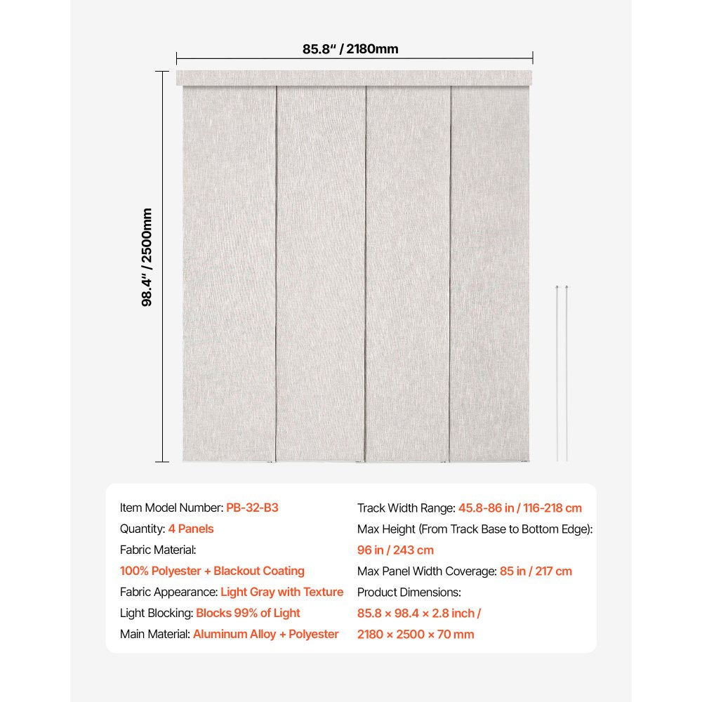 VEVOR Panel Track Blinds, Extendable Track from 45.8 in to 86 in W, Trimmable Panel Curtains Up to 96 in H, Vertical Blackout Panel Blinds for Sliding Doors, Patio Doors, Room Divider, Light Gray
