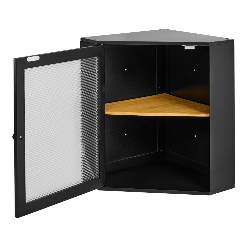 VEVOR Corner Bread Box for Kitchen Counter Bamboo Wood Container Black, for Homemade Bread, Under Cabinet, and Pantry, Double Layer Farmhouse Breadbox Bin, with Acrylic Door Panel and Air Vents