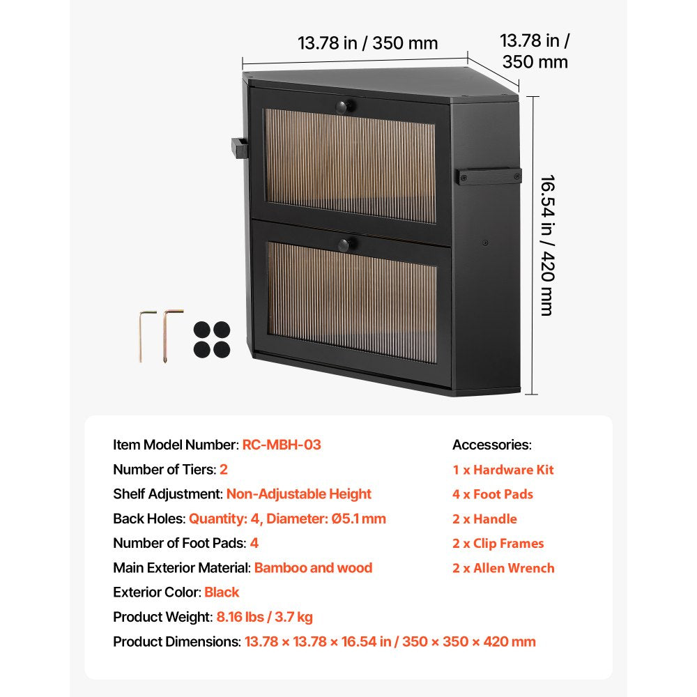 VEVOR Corner Bread Box for Kitchen Counter Bamboo Wood Container Black, for Homemade Bread, Under Cabinet, and Pantry, Double Layer Farmhouse Breadbox Bin, with Acrylic Door Panel and Air Vents