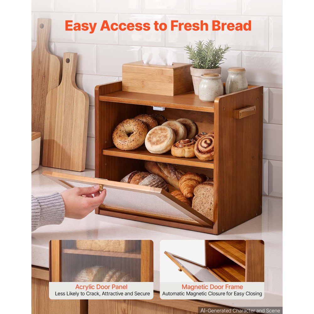 VEVOR Bread Box for Kitchen Counter Wood Storage Compact Container Brown, for Homemade Bread, Under Cabinet, and Pantry, Double Layer Farmhouse Breadbox Bin, with Acrylic Door Panel and Air Vents