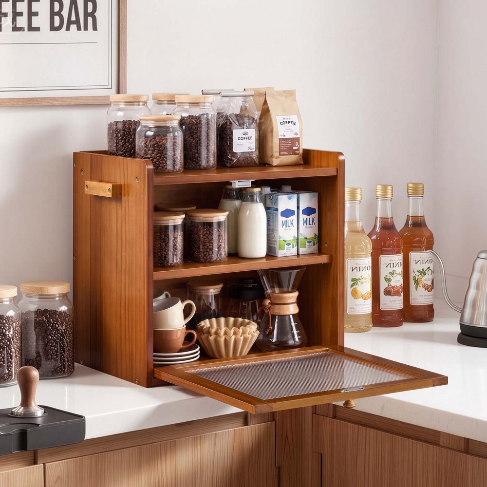 VEVOR Bread Box for Kitchen Counter Wood Storage Compact Container Brown, for Homemade Bread, Under Cabinet, and Pantry, Double Layer Farmhouse Breadbox Bin, with Acrylic Door Panel and Air Vents