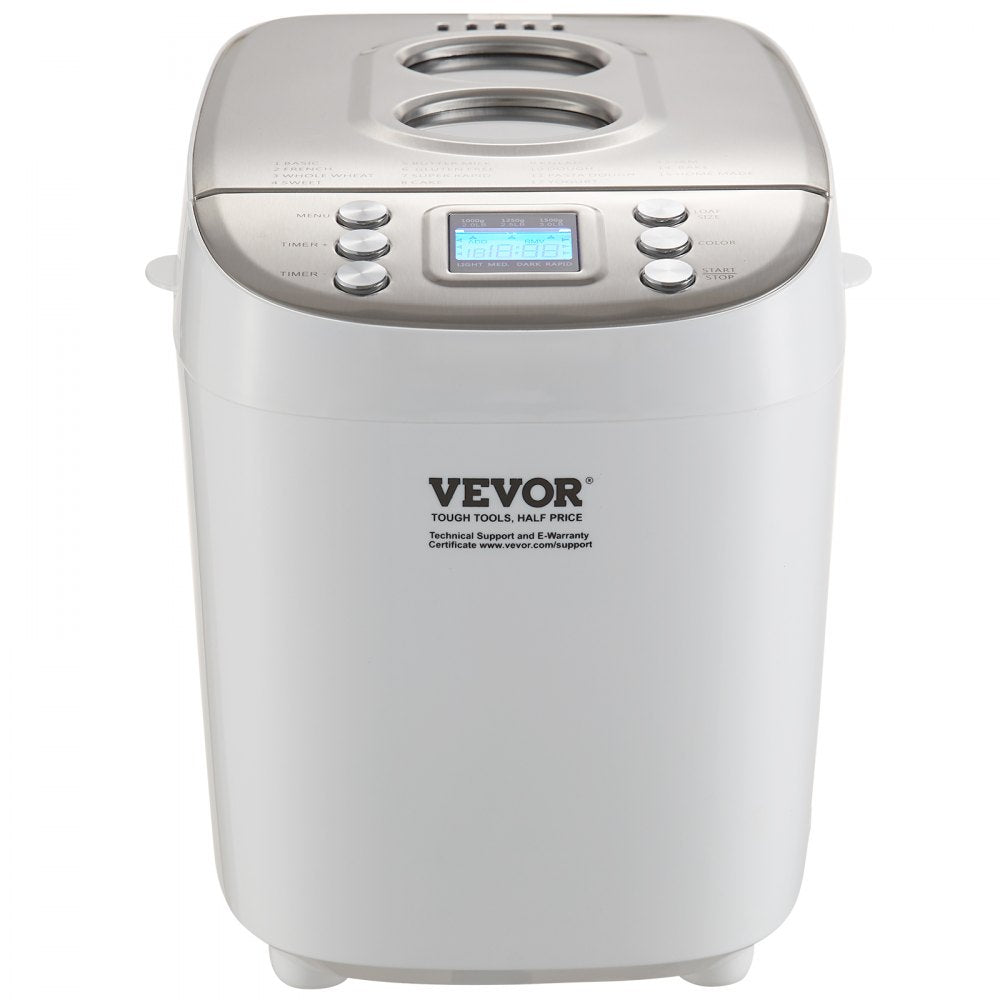 VEVOR Bread Maker, 15-in-1 3LB Dough Machine, Nonstick Ceramic Pan Automatic Breadmaker with Gluten Free Setting, Whole Wheat Bread Making, Digital, Programmable, 3 Loaf Sizes, 3 Crust Colors, White