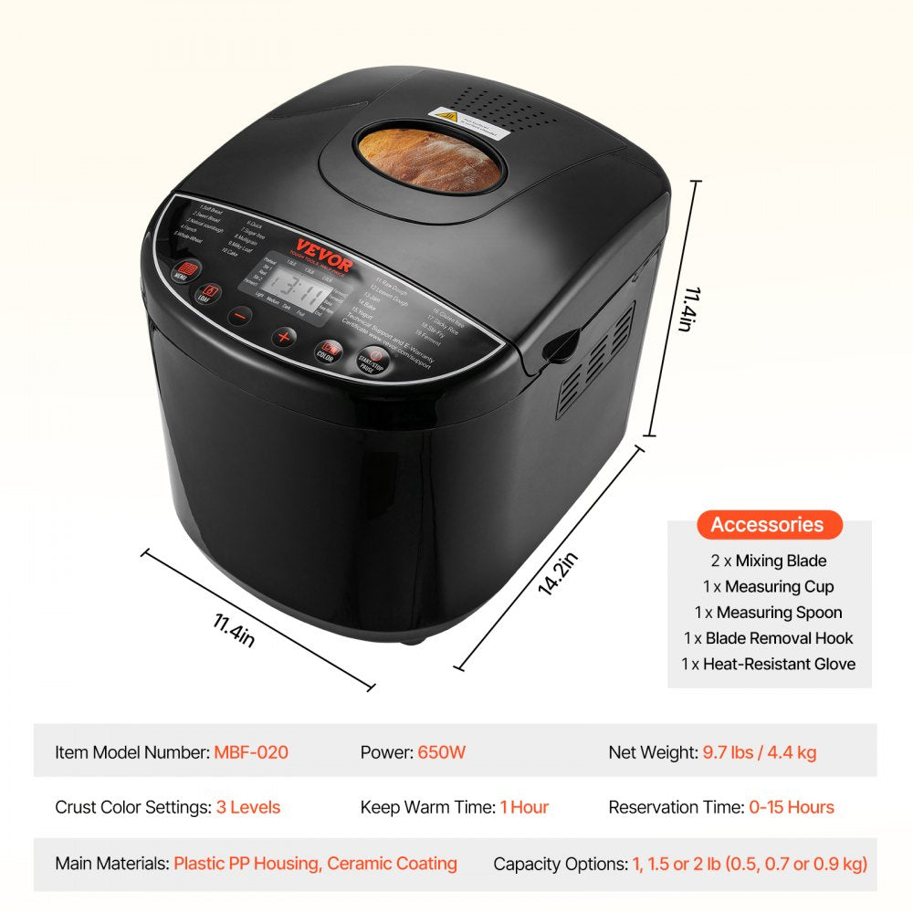 VEVOR Bread Maker, 19-in-1 2LB Dough Machine, Nonstick Ceramic Pan Automatic Breadmaker with Gluten Free Setting, Whole Wheat Bread Making, Digital, Programmable, 3 Loaf Sizes, 3 Crust Colors