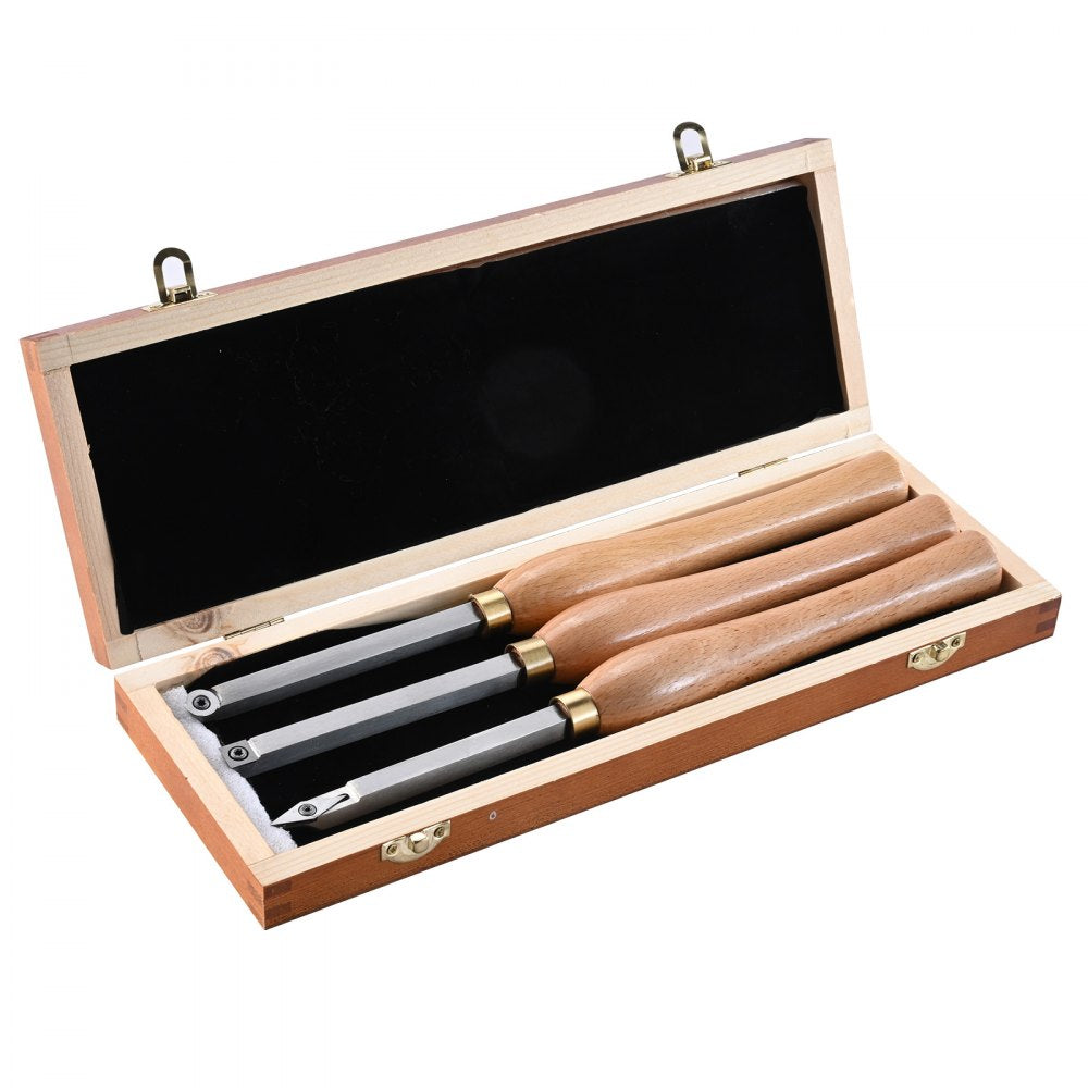 VEVOR Wood Lathe Chisel Set, 3 PCS Woodworking Turning Tools, Includes Square, Round, Diamond Carbide Blades, 7.87" Comfortable Grip Handles, Wood Chisel Set with Wooden Box For Turning Pens or Small
