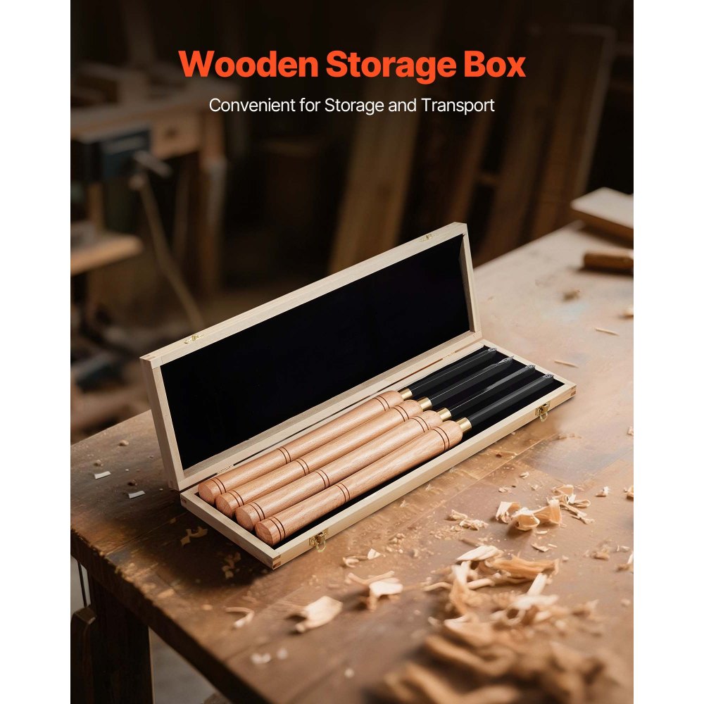 VEVOR Wood Lathe Turning Tool Set, 4PCS, Lathe Roughing Finishing and Detailing Hollow Tool with Wooden Handle, Diamond Round Square Carbide Inserts, Wooden Box, for Beginners Hobbyists Professionals