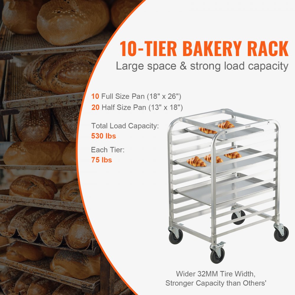 VEVOR Bun Pan Rack, 10-Tier Commercial Bakery Racks with Brake Wheels, Aluminum Racking Trolley Storage for Half & Full Sheet, Speed Rack For Kitchen Home, Bread Baking Equipment, 26"L x 20.3"W x 39"H