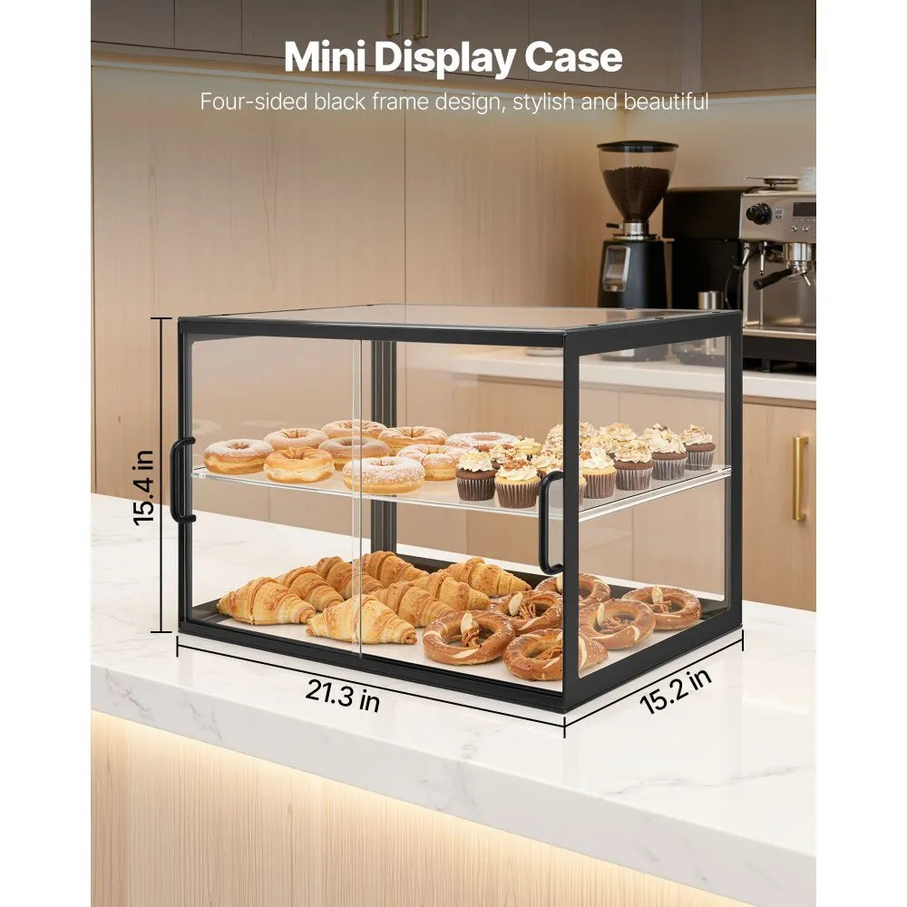 VEVOR Bakery Display Case, 2-Tier Commercial Countertop Pastry Display Case, Clear Acrylic Bread Box for Kitchen, Party Cake Cabinet with Sliding Door for Cookie Dessert Donut, 21.7" x 15.2" x 15.4"