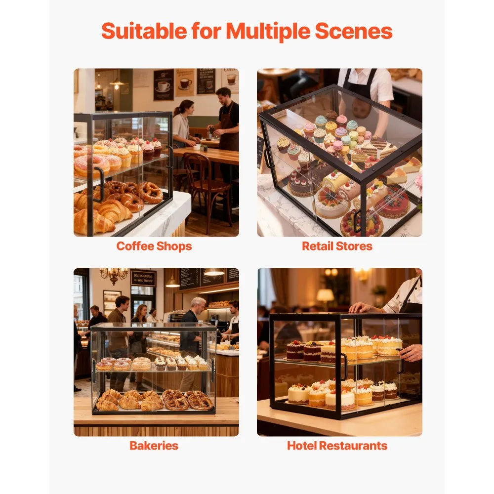 VEVOR Bakery Display Case, 2-Tier Commercial Countertop Pastry Display Case, Clear Acrylic Bread Box for Kitchen, Party Cake Cabinet with Sliding Door for Cookie Dessert Donut, 21.7" x 15.2" x 15.4"