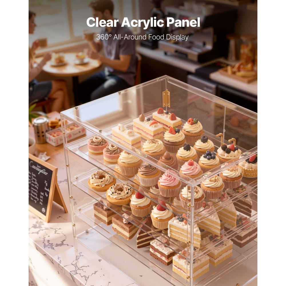 VEVOR Bakery Display Case, 4-Tier Commercial Countertop Pastry Display Case, Clear Acrylic Bread Box for Kitchen, Party Cake Cabinet with Magnetic Rear Door for Cookie Dessert Donut, 22.4"x17.3"x15.9"