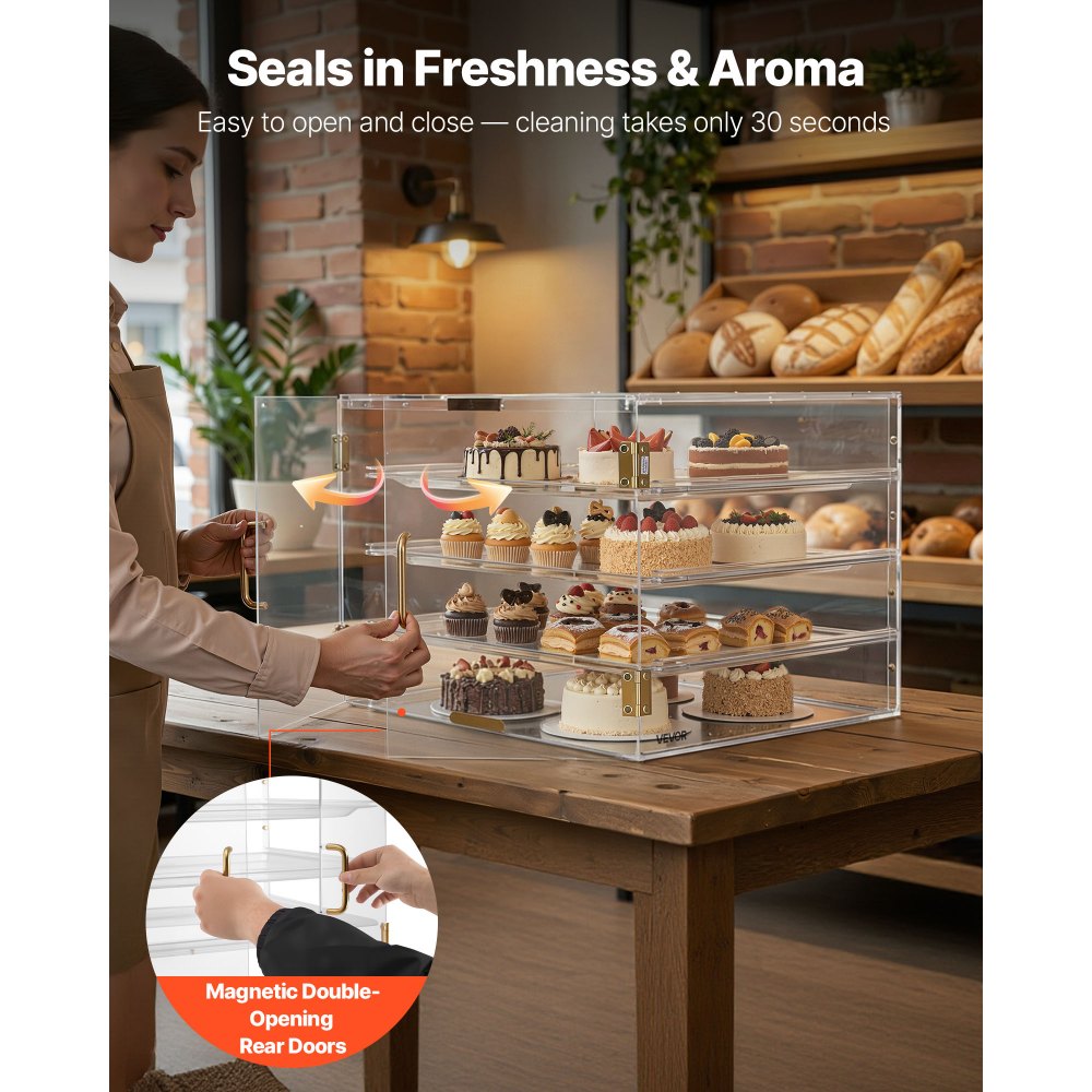 VEVOR Bakery Display Case, 4-Tier Commercial Countertop Pastry Display Case, Clear Acrylic Bread Box for Kitchen, Party Cake Cabinet with Magnetic Rear Door for Cookie Dessert Donut, 22.4"x17.3"x15.9"